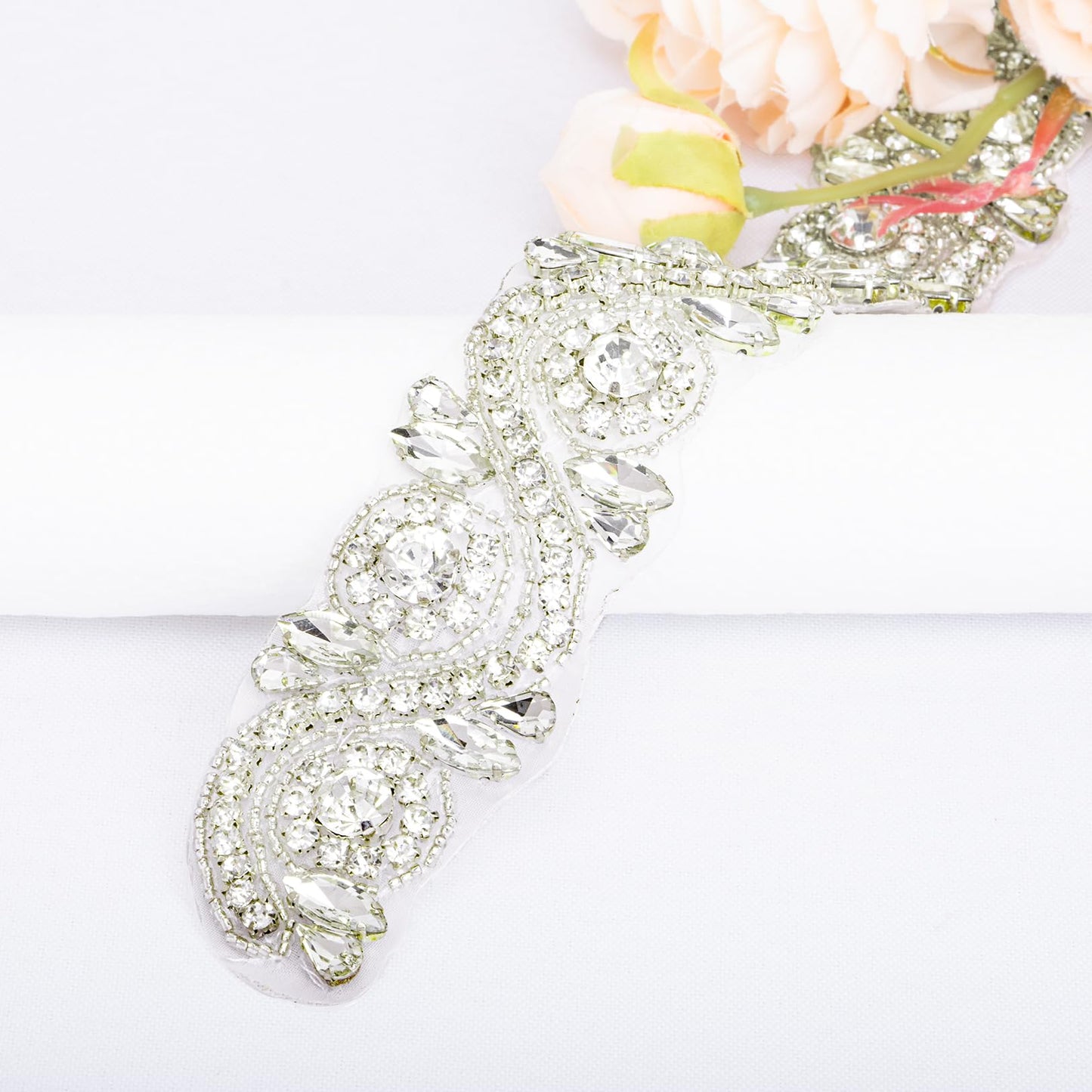 ShiDianYi Wedding Rhinestones Pearls Trim, 1 Yard Long Silver Rhinetones for Dress, Bridal Applique, Crystal Beaded Applique