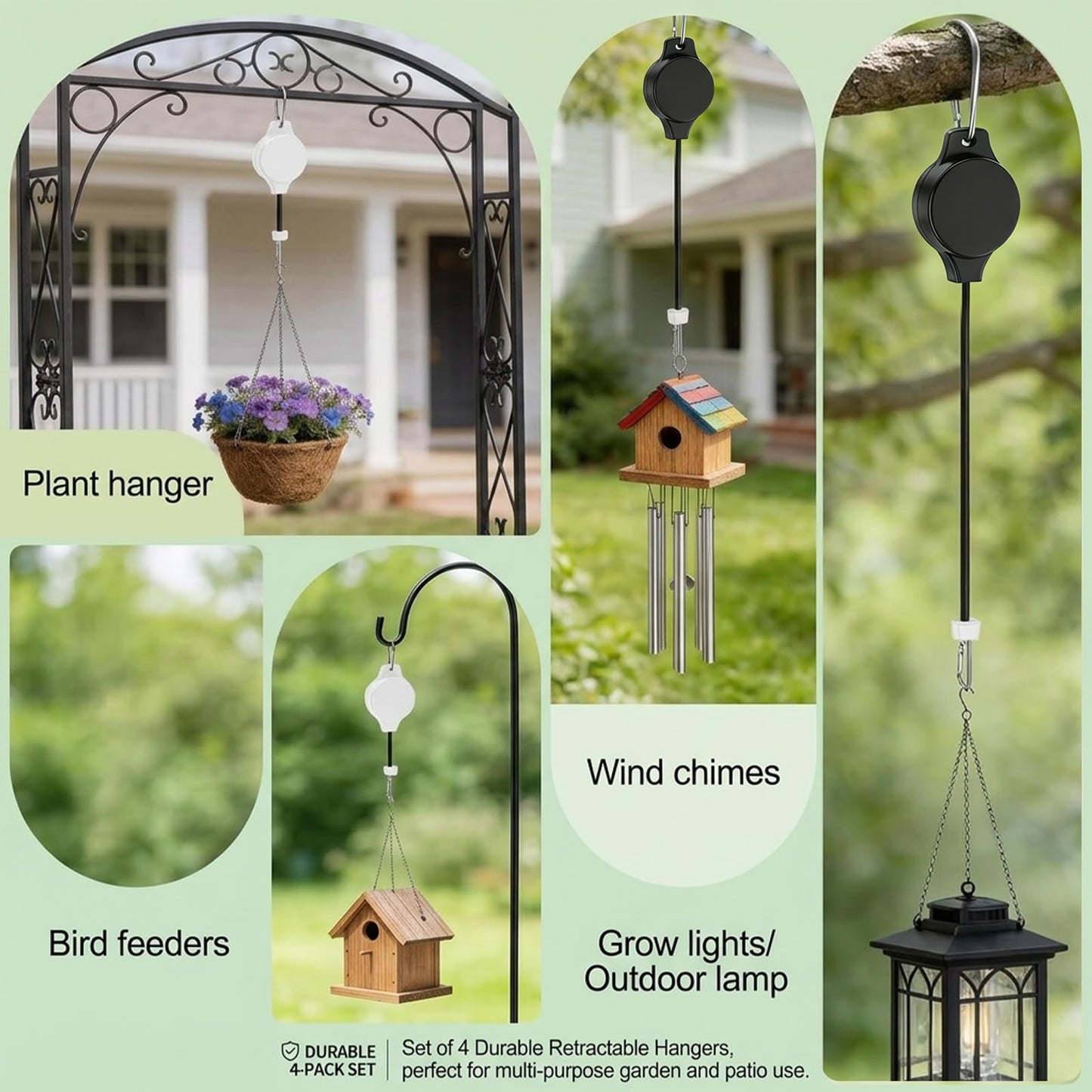 Muomdid 4-Pack Retractable Plant Hanger, Adjustable Height Plant Pulley Hook for Indoor Outdoor Hanging Baskets, Flower Pots, Bird Feeders, Black & White