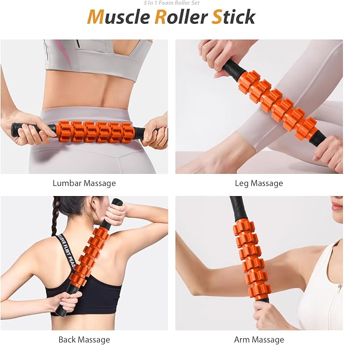 5 in1 Foam Roller Set, Trigger Point Foam Roller, Massage Roller Stick, Massage Ball, Resistance Band for Deep Muscle Massage Pilates Yoga,Fitness Exercise for Whole Body (Orange-Black)