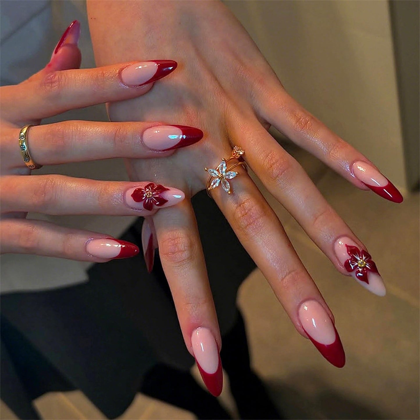 MISUD Press on Nails - Medium Almond Glue on Nails with Red French Tip, Acrylic Flower Design 24 pcs