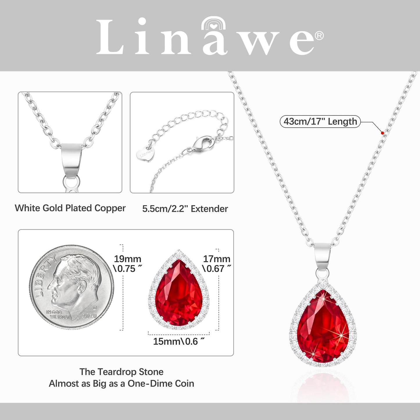 Linawe Red Crystal Ruby Pendant Silver Chain Necklace for Women Trendy, Imitation Diamond Boho Jewelry Set, Cubic Zirconia Birthstone Teardrop Rhinestone Preppy Necklace