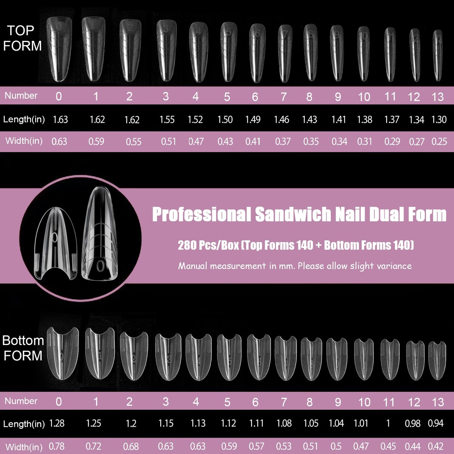 Vnjaoi 280 Pcs Original Sandwich Nails Dual Form with Guide Lines Almond Round Nail Mold for Builder Gel Nail Extensions Art Design Salon DIY at Home