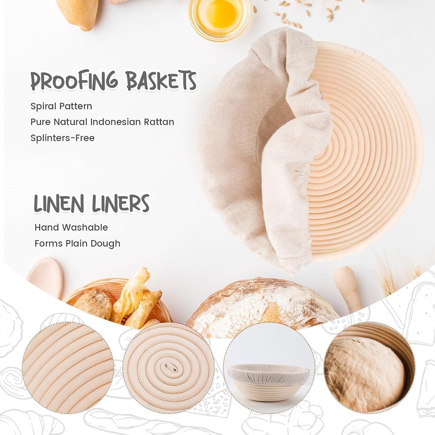 DOYOLLA Bread Proofing Baskets Set of 2, 10 inch Oval & 8.5 inch Round Dough Proofing Bowls w/Liners Perfect for Sourdough Bread Baking, Bakers Baking, Gifts for Bakers, Bread Making Kit