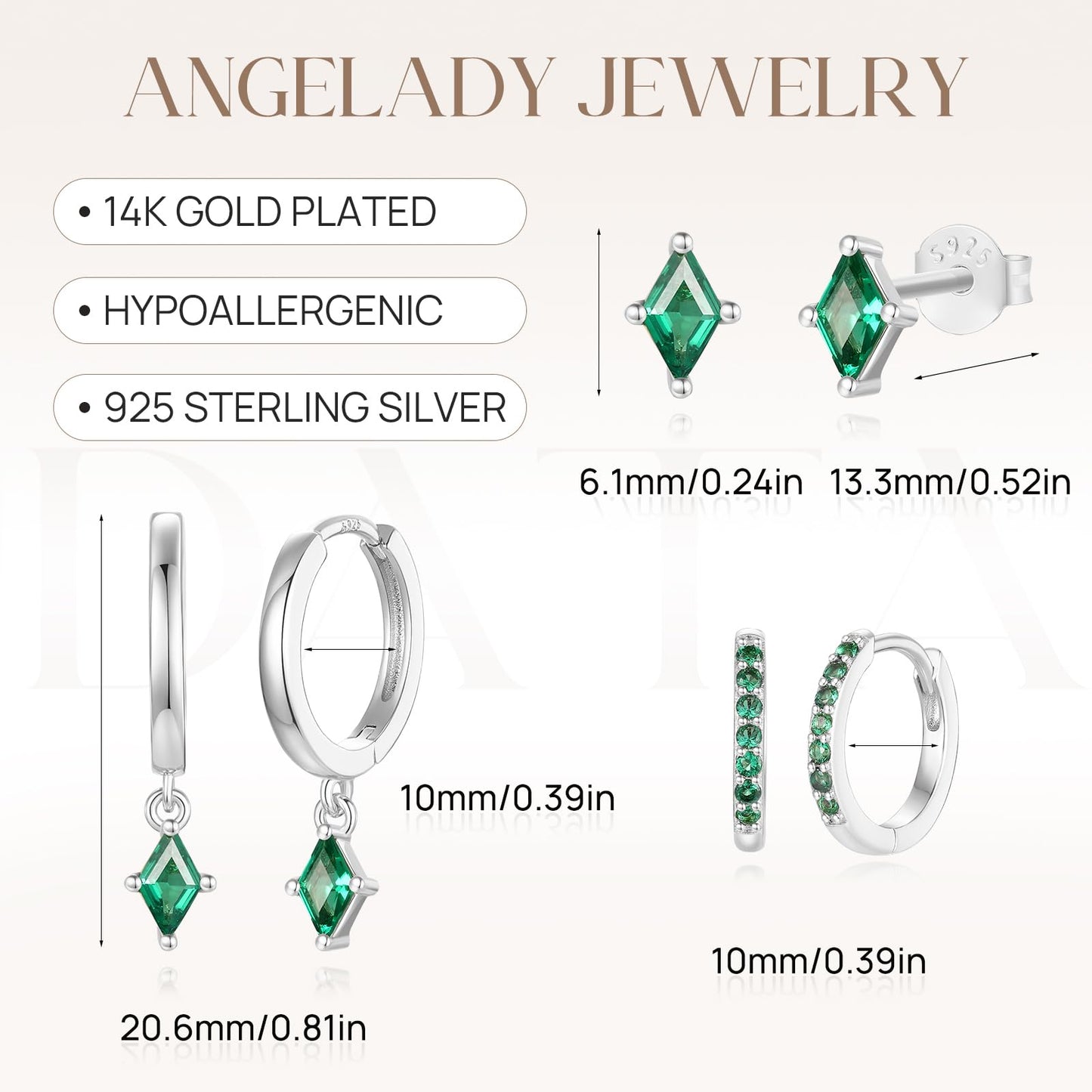 Sterling Silver Hoop Earrings Set for Women, Dainty Green Huggie Dangle Earring, Small Hypoallergenic Silver Earring Stacks for Multiple Piercing, Emerald Green Earring for Women Trendy