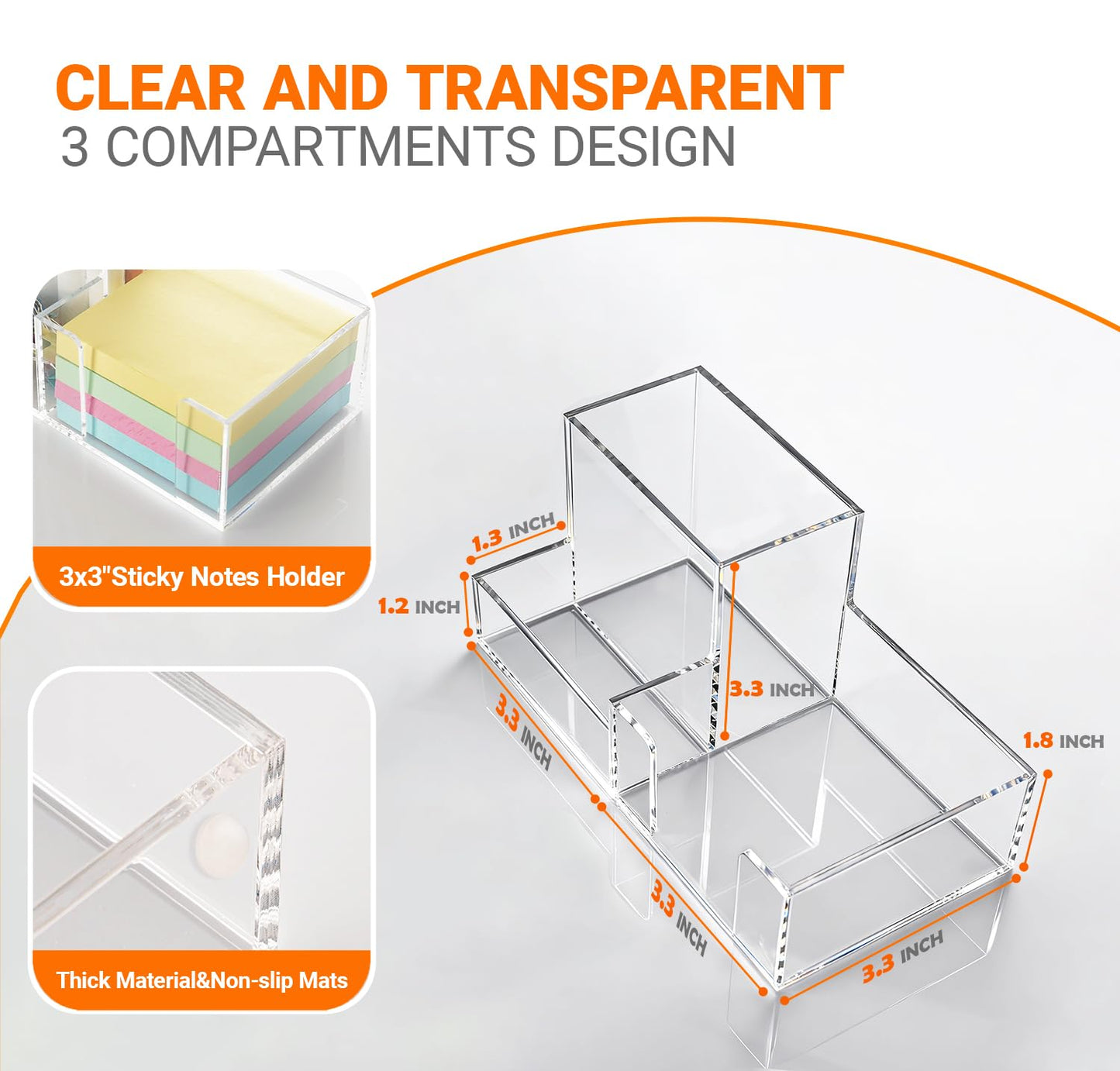 Pen Holder for Desk Clear Pencil Holder with Sticky Notes Holder Acrylic 3 Compartments Desk Organizer Office Desk Accessories for Office, School, Home, Makeup Brush Holder for Bedroom Bathroom