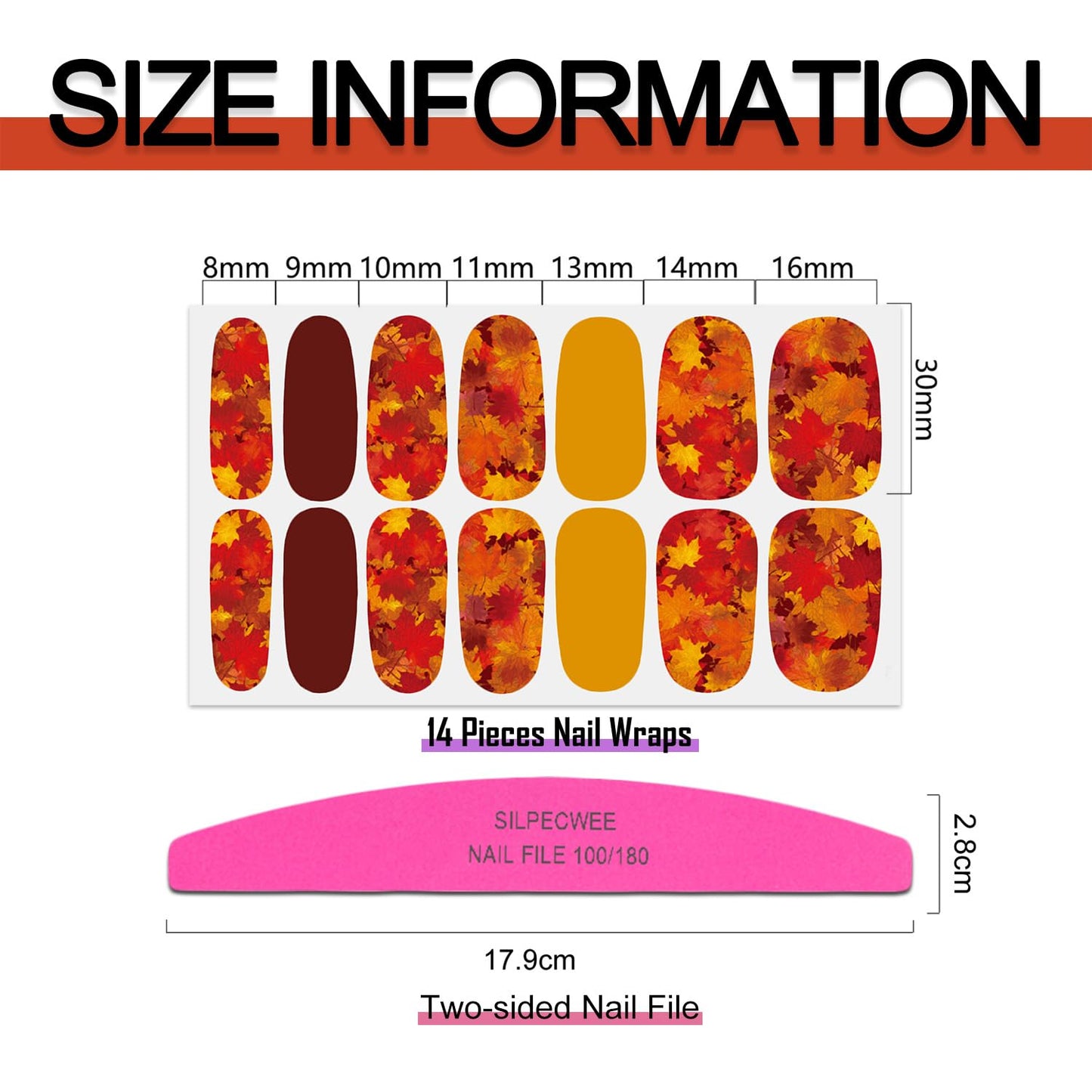 SILPECWEE 20 Sheets Fall Nail Wraps for Women Nail Polish Stickers Maple Leaves Solid Color Stick on Nail Polish Strips Self Adhesive Gel Nail Strips Fingernail Sticker with Nail File
