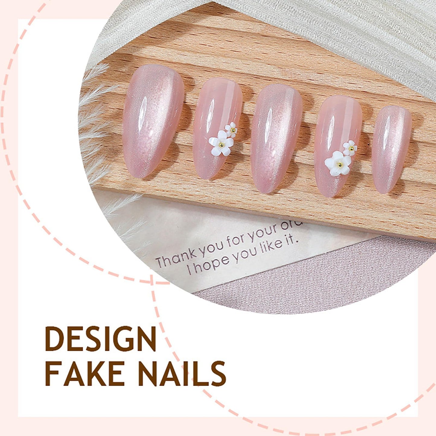 RUOKEXIN Almond Press on Nails French Tip Fake Nails Pink Cat Eye False Nails with 3D Flower Designs Medium Nail Press ons Sparkly Artificial Nails for Women 24Pcs