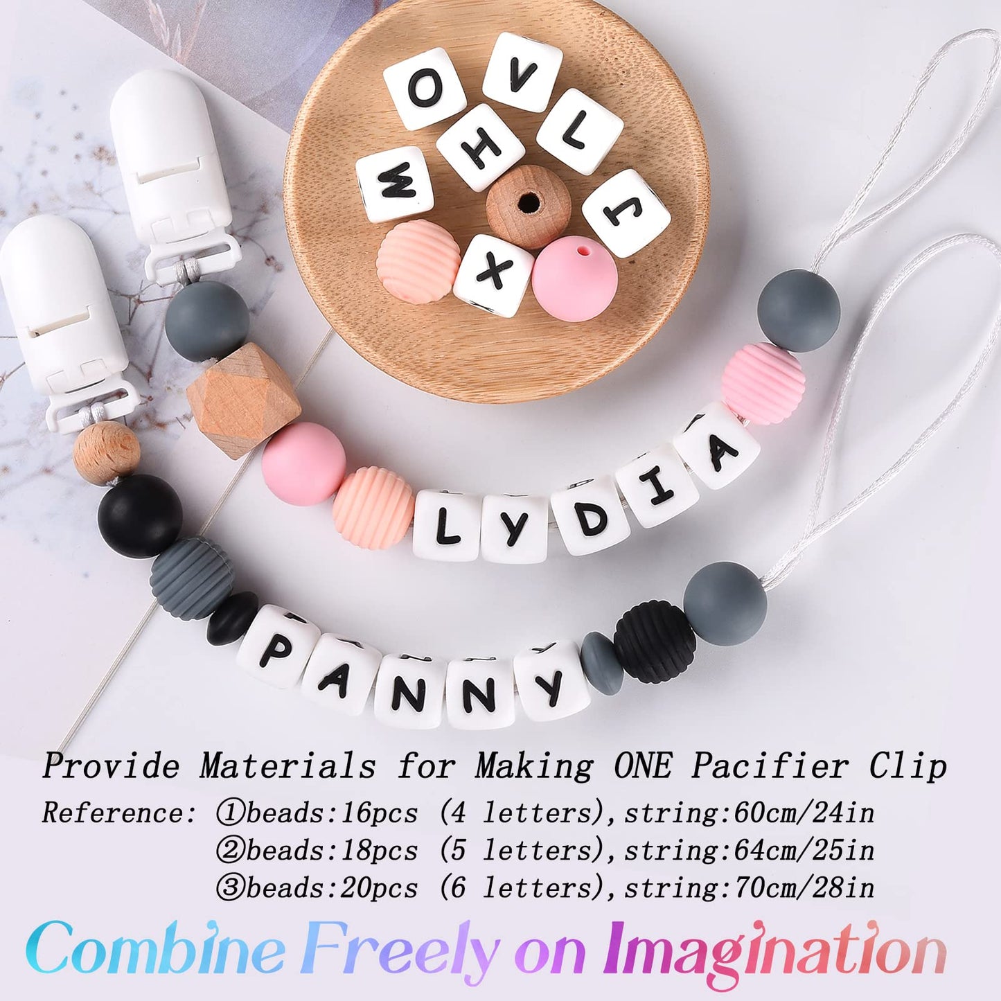 Anourney Personalized Pacifier Clip for Boys and Girls, 2 Sets of 26 Letters DIY Silicone Stroller Clip with Name,Cute and Durable Pacifier Holder Soother Chew Toy,Unique for Newborn Gift