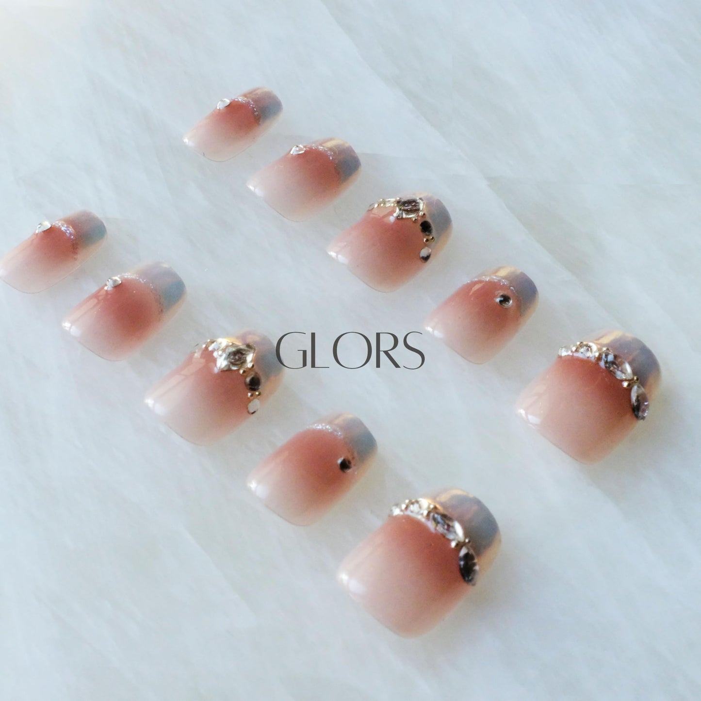 [GLORS] Purely Handmade Press On Nails | Moon Dream - French-style Pink Nail Tips with Diamond | Salon Quality Fake False Nails in Short Square 10 pieces (Medium, SS)