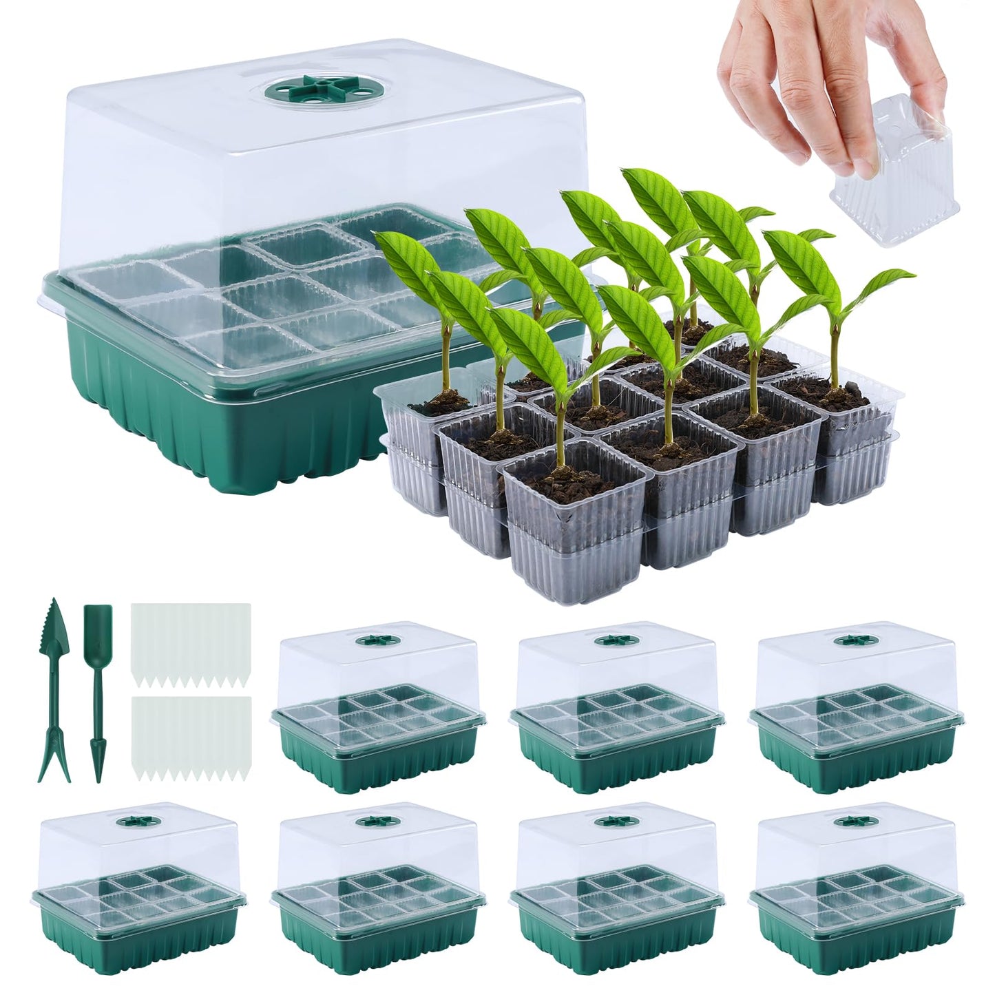 Seedfactor 7 Packs Seed Starter Tray, 84 Separate Cells Seedling Starter Trays Kit with Humidity Dome and Base Indoor Greenhouse Mini Propagator, Reusable Seedling Tray for Plants Indoor-Clear