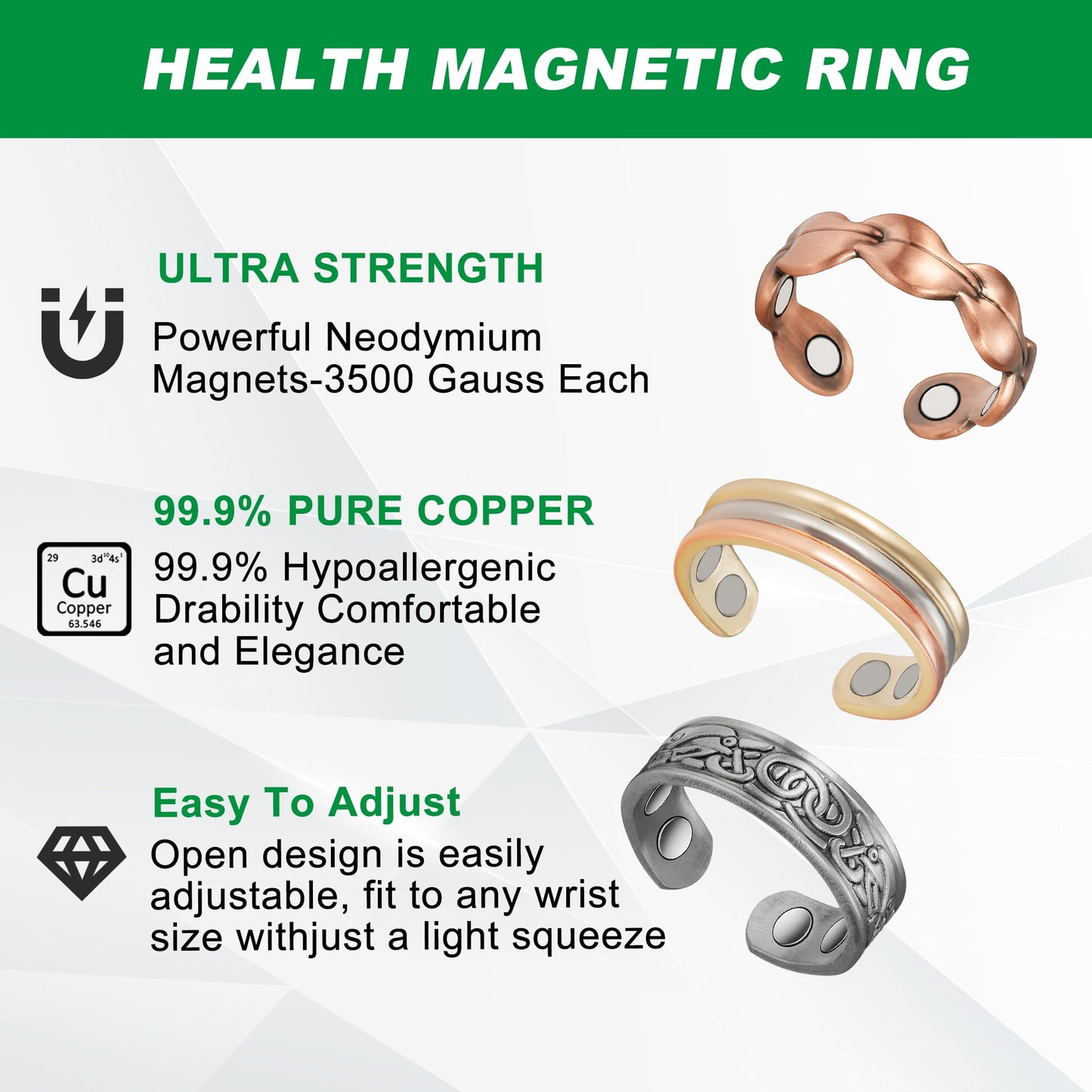 Wollet 3Pcs Copper Magnetic Ring for Women Men, 99.99% Pure Copper Rings with Magnets, Jewelry Adjustable Gift