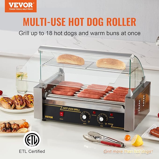 VEVOR Hot Dog Roller 7 Rollers 18 Hot Dogs Capacity 1050W Stainless Sausage Grill Cooker Machine with Dual Temp Control Glass Hood Acrylic Cover Bun Warmer Shelf Removable Oil Drip Tray, ETL Certified