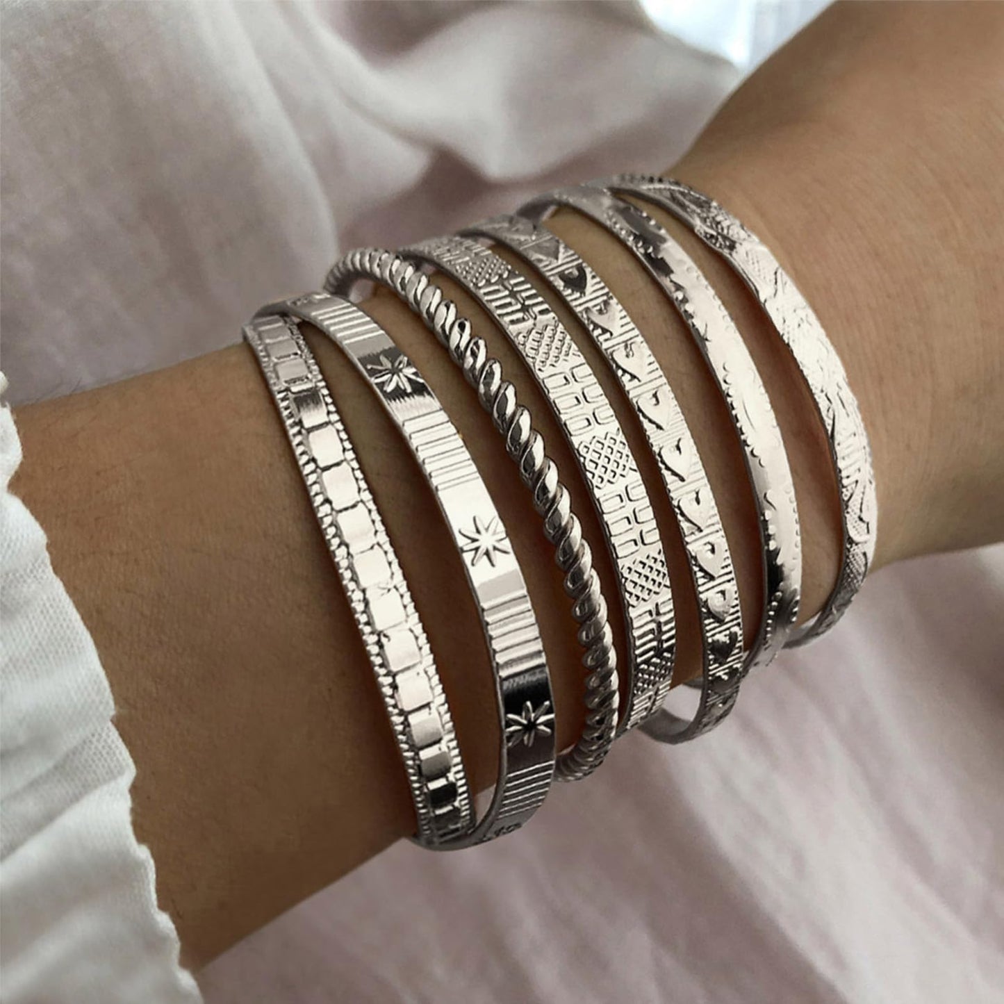 IFKM Silver Bangles Bracelets For Women, Silver Plated Multi Layer Stackable Cuff Bracelet Set, Trendy Elegance Charms Non Tarnish Minimalist Textured Boho Jewelry Gift for Women