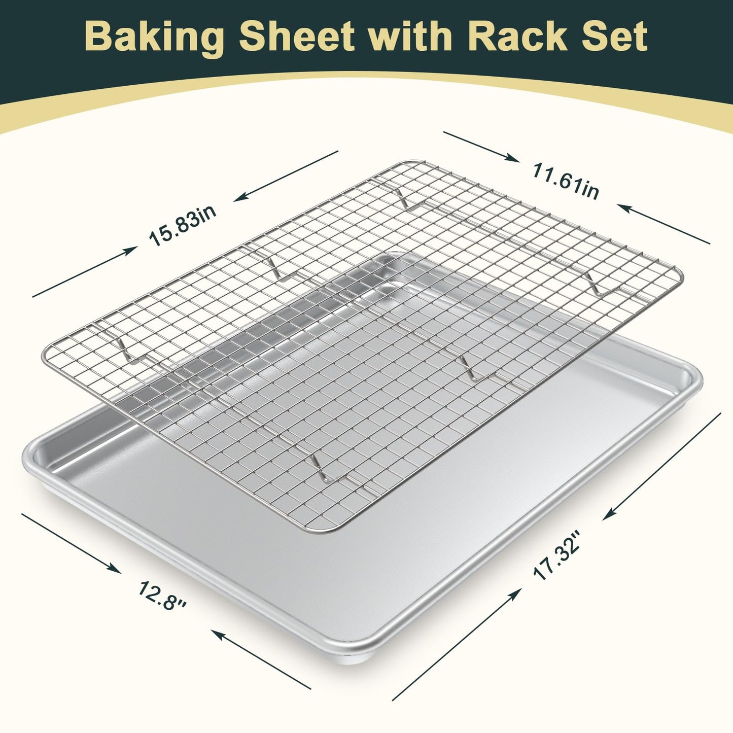 Wildone Baking Sheet with Rack Set (2 Pans + 2 Racks), Natural Aluminum Commercial Quality Cookie Sheet with Cooling Rack, Nonstick Baking Pan, Warp Resistant & Heavy Duty, Half Sheet Size