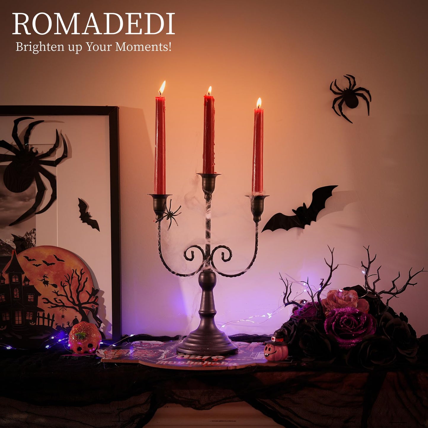Romadedi Candelabra Black Candle Holders: 3 Arm Halloween Candlestick Holder 11.8" Gothic Home Decor for Party Table Centrepiece Mantel Christmas, Set of 2
