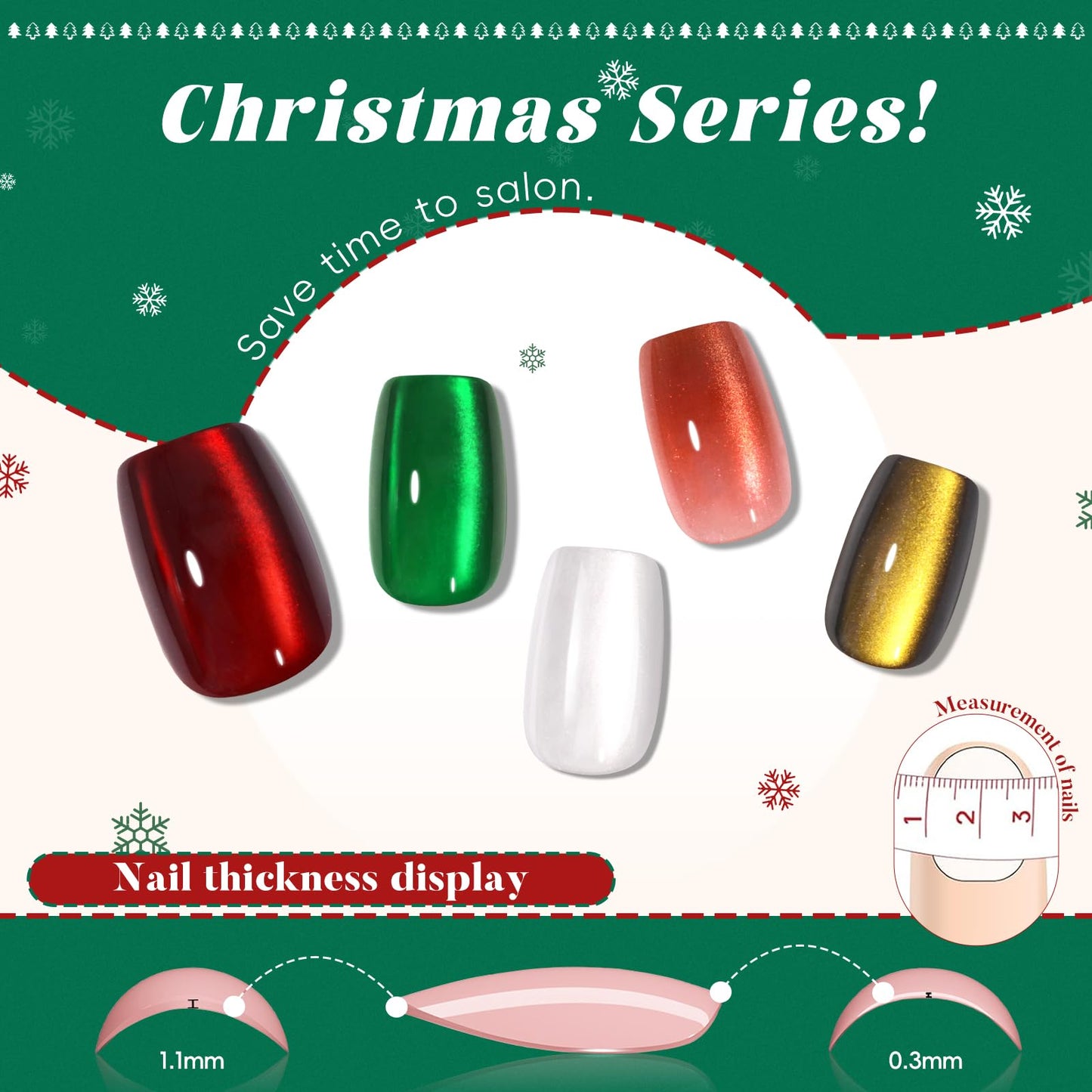 CUZIAM Christmas Press on Nails Short Square Set, 150pcs Jelly Glass Mirror Chrome Cat Eye Nails, Shimmer Snow White Glitter Cherry Red Ruby Holographic Elk Brown Sparkle Green Nails with Stickers