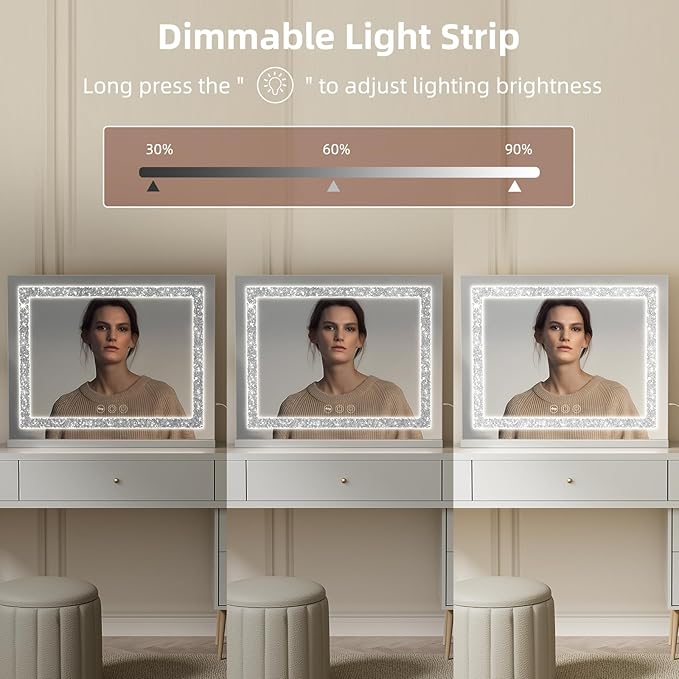 Fenair Vanity Mirror with Lights 22.8’ * 18.1’ Diamond Light Strip Makeup Mirror with Tempered Glass, 3 Color Modes Light up Mirror with USB Charging Port, 10X Magnification and Smart Touch, White