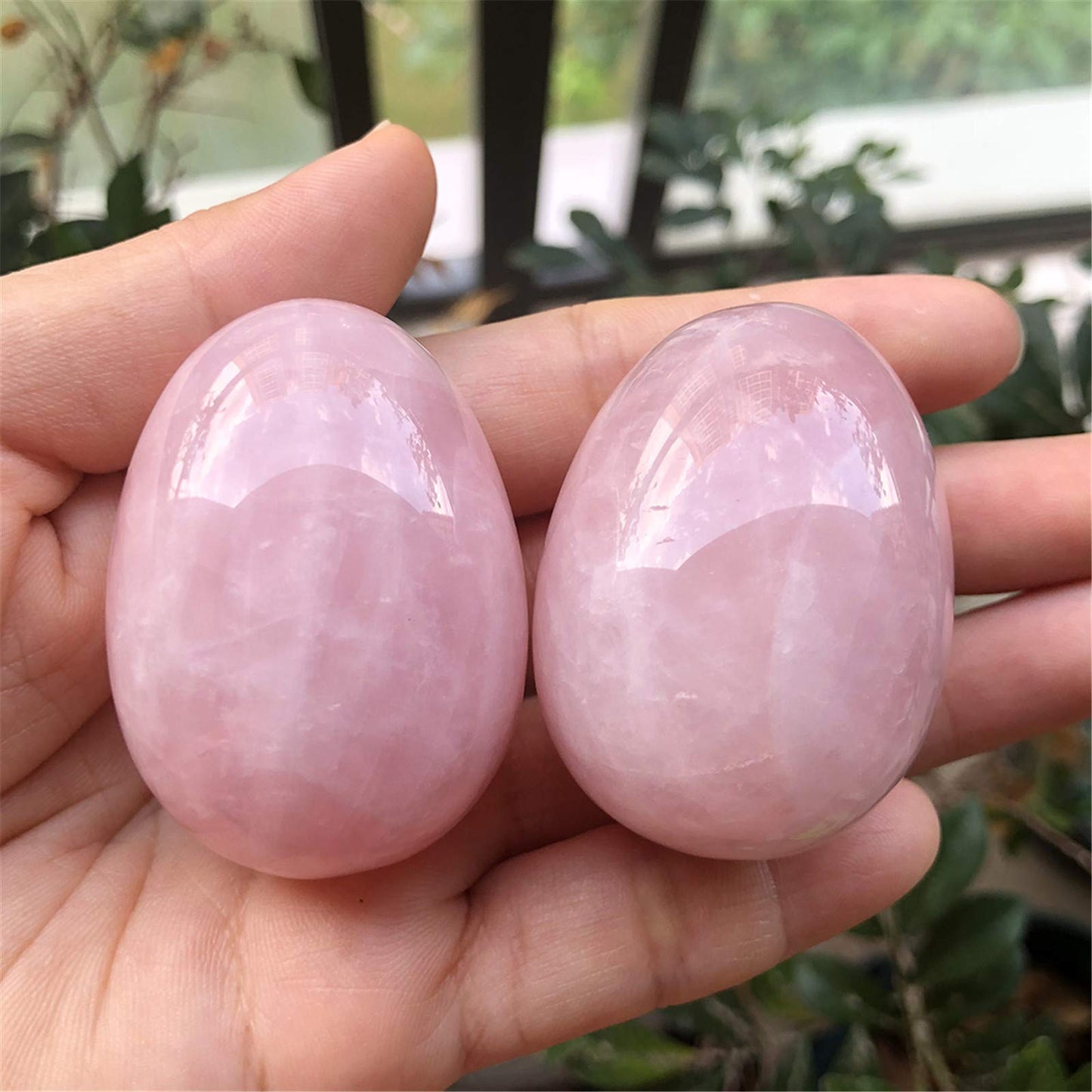 Fekuar Stone Egg Figurine, Polished Healing Crystal Easter Eggs Sphere Sculpture with Wood Stand, Natural Rose Quartz, 1.8"