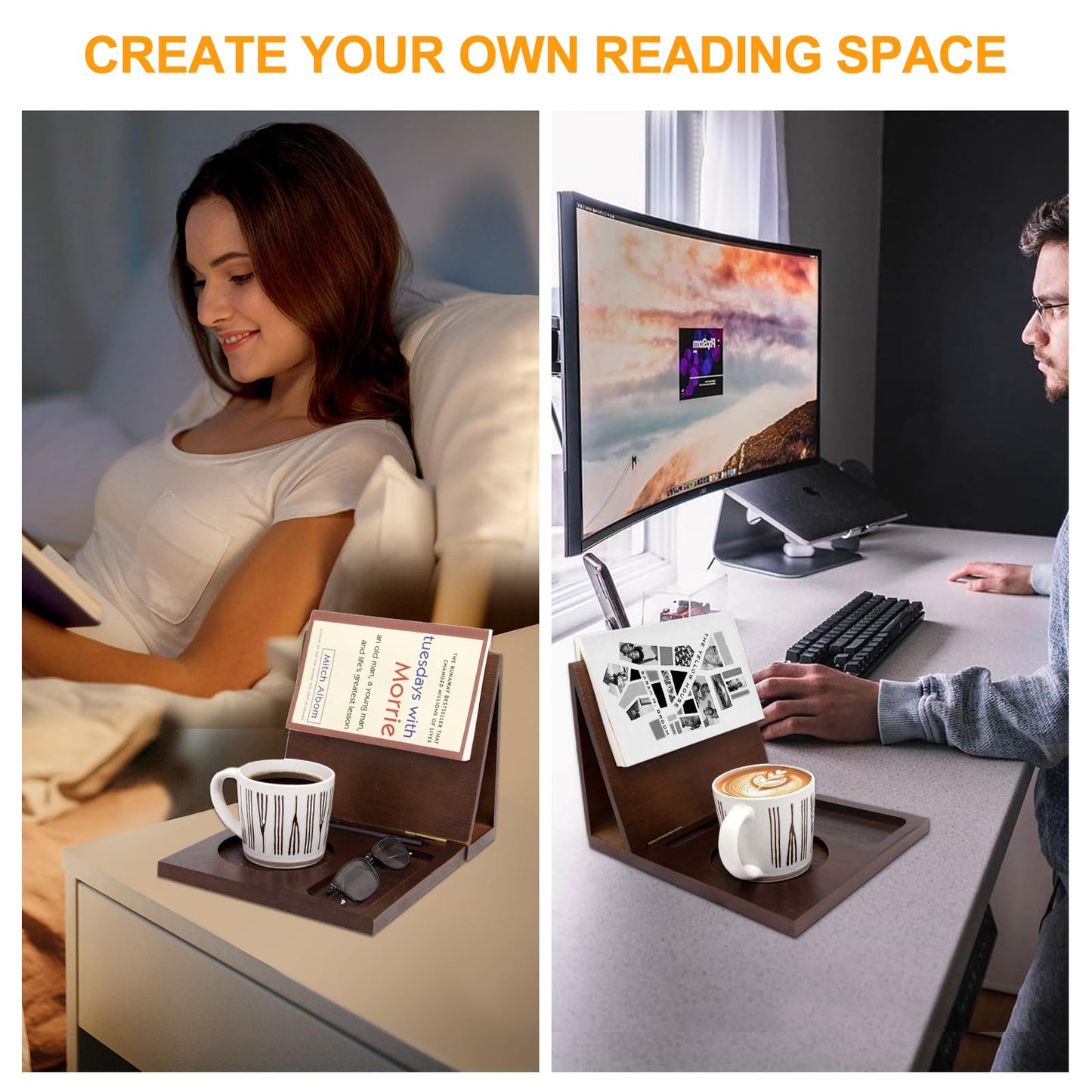 Book Reading Nook Valet with Cup Holder - Wooden Triangle Nightstand Book Stand Holder for Page Rest