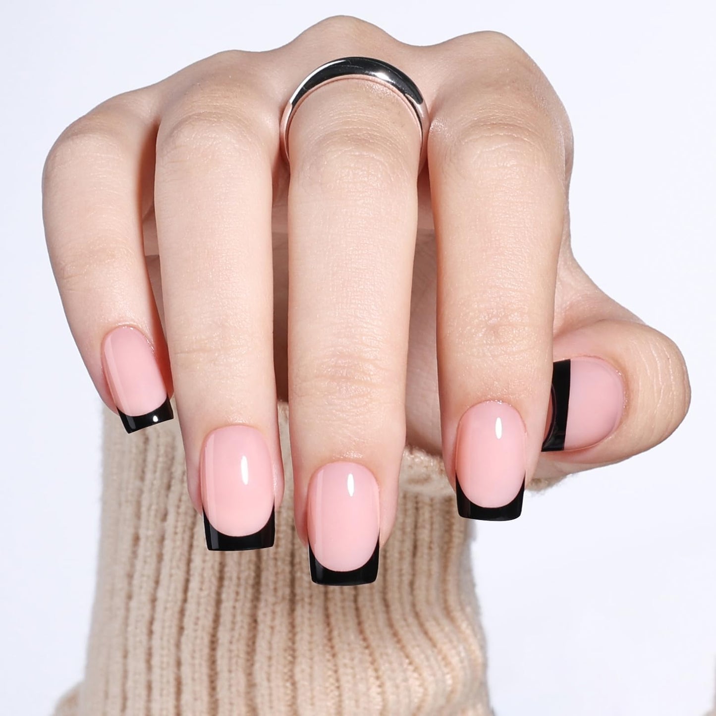 Black French Tip Press On Nails - Short Square Black Tips Press on Nails Glossy Nails Press Ons for Women, Reusable Fake Nails Kit with Glue,32 Pieces in 16 Sizes