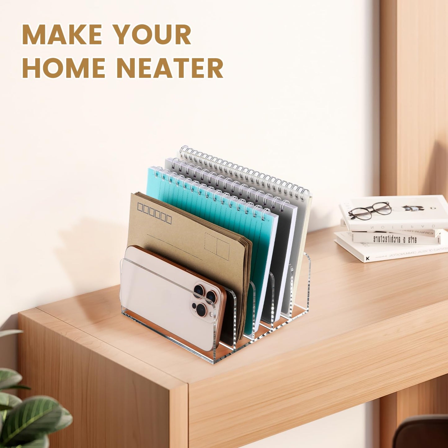 Qarituky Mail Organizer Countertop, Stylish Acrylic 5 Compartments Mail Holder, Small Desk File Storage Holders for Letter, Bill, Mail Sorter, Desktop Letter Folder Holders for Office, Home, School