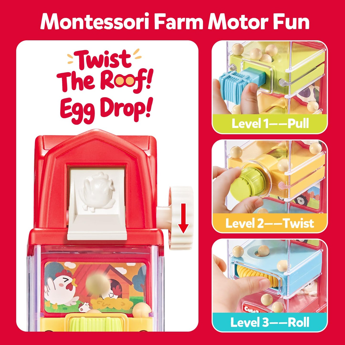 CuteZone Farm Egg Drop Toy for Toddlers 2-4, Montessori Toy for 2 Year Olds, Fine Motor Activity, Cause and Effect Learning, Quiet Travel 2 3 Year Old Gift for Boys Girls