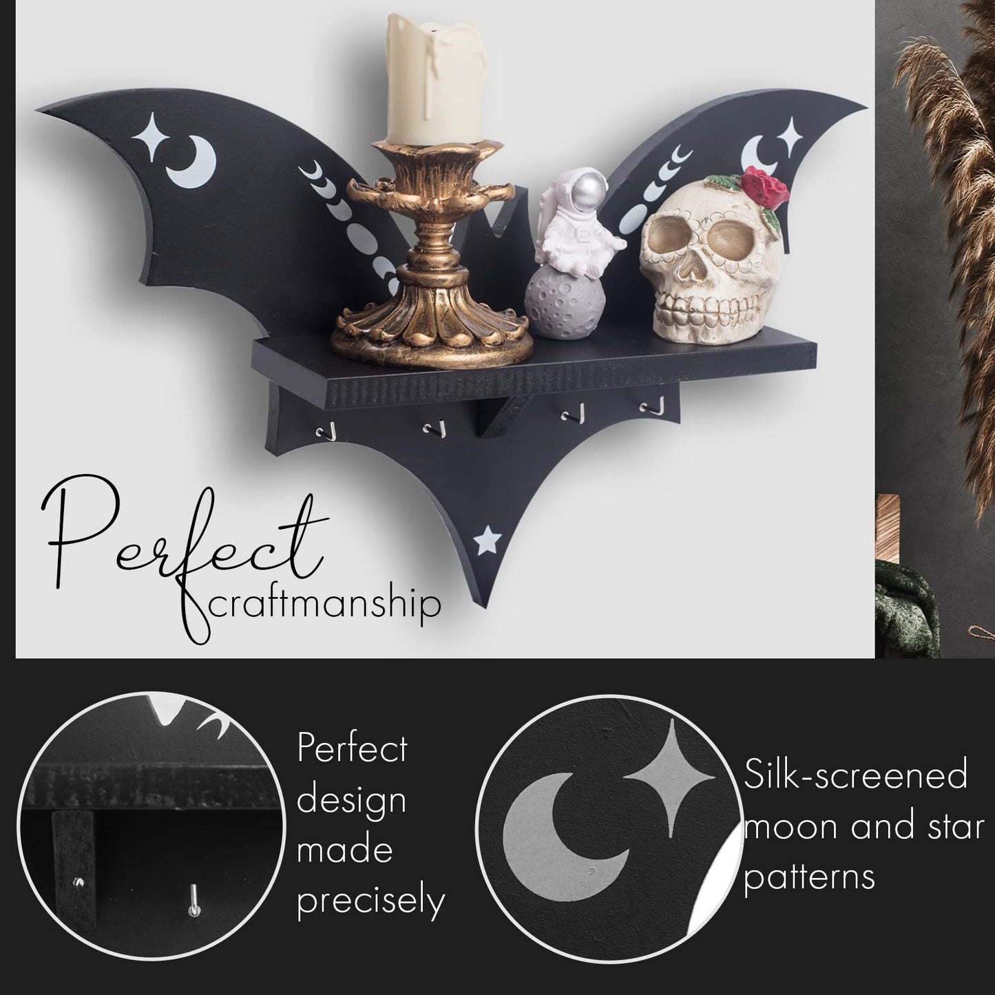 CEFLITECO Bat Shelf - Halloween Wall Decor for Kitchen and Living Room - Spooky Goth Hanging Coffin Shelf with Hooks for Oddities and Curiosities - Crystal Shelf for Display - Witchy Gifts for Women