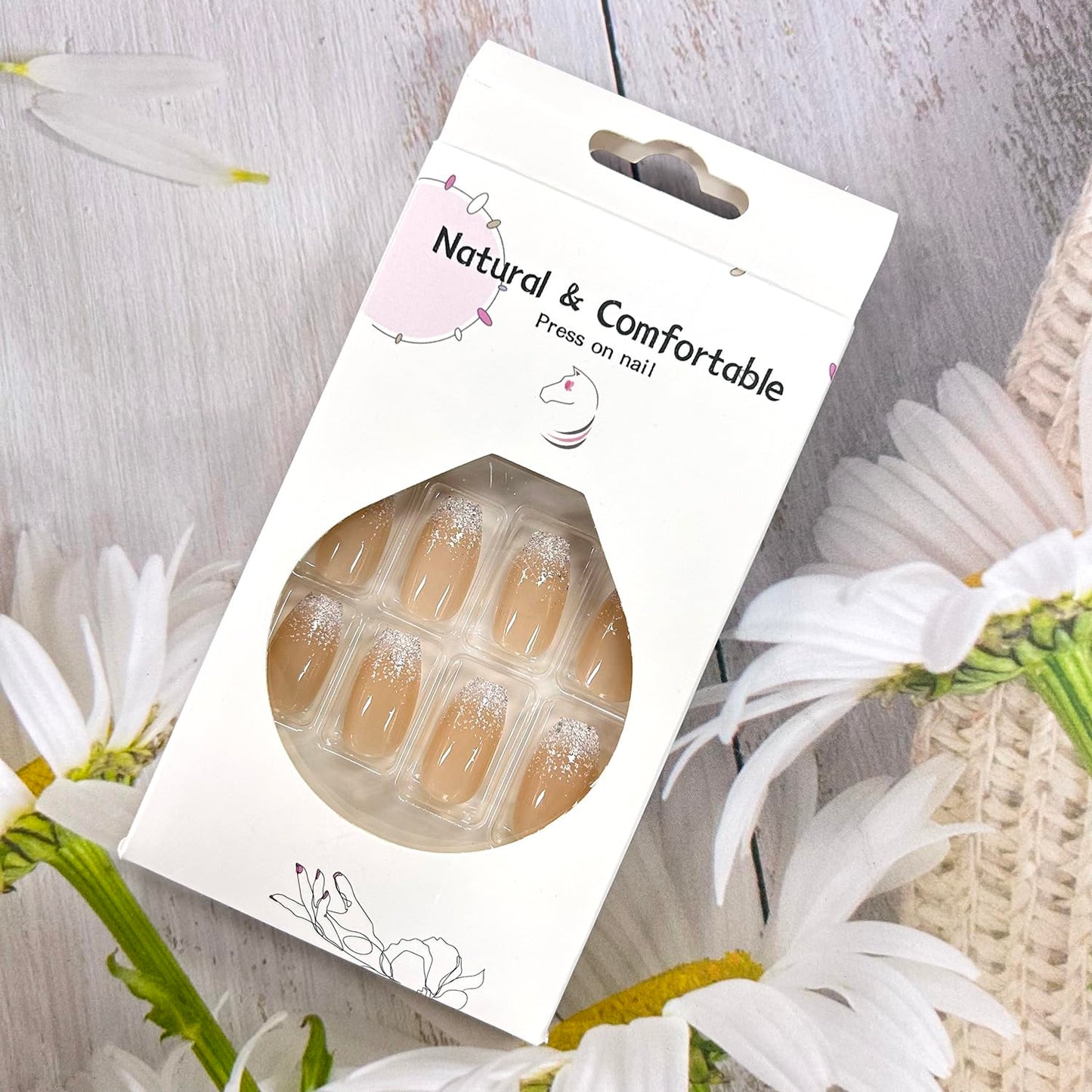 Press On Nails Medium Ballet White Glitter Powder Gradient Stick On False Nude French Coffin Acrylic Full Cover Artificial Reusable Glue On for Women