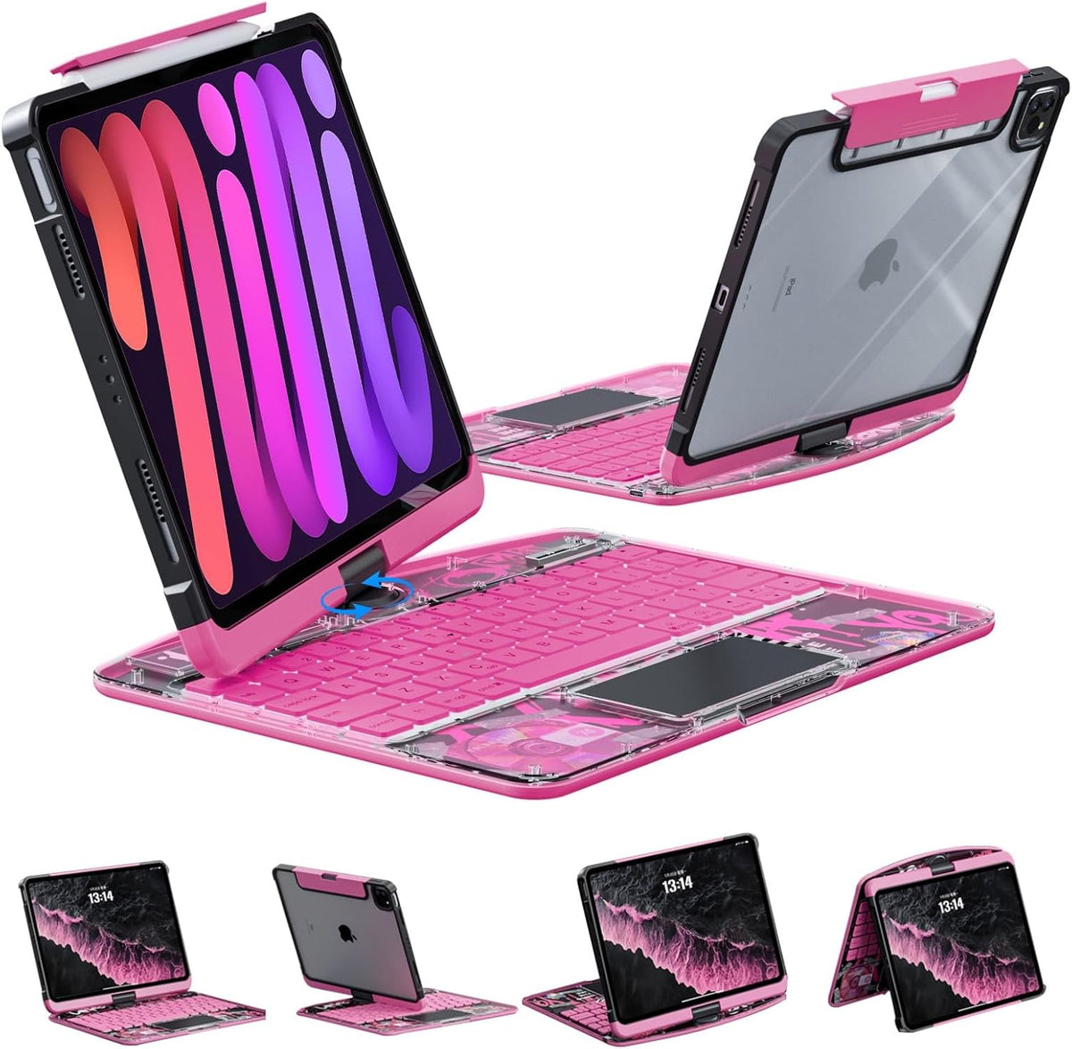 KARTICE Case with Wireless Keyboard Compatible with iPad Pro 11 2024 11 inch, Multi-Touch Trackpad, 7 Color Backlight, 360° Rotating Stand with Pencil Holder for iPad Pro 11, Excludes iPad and Pencil
