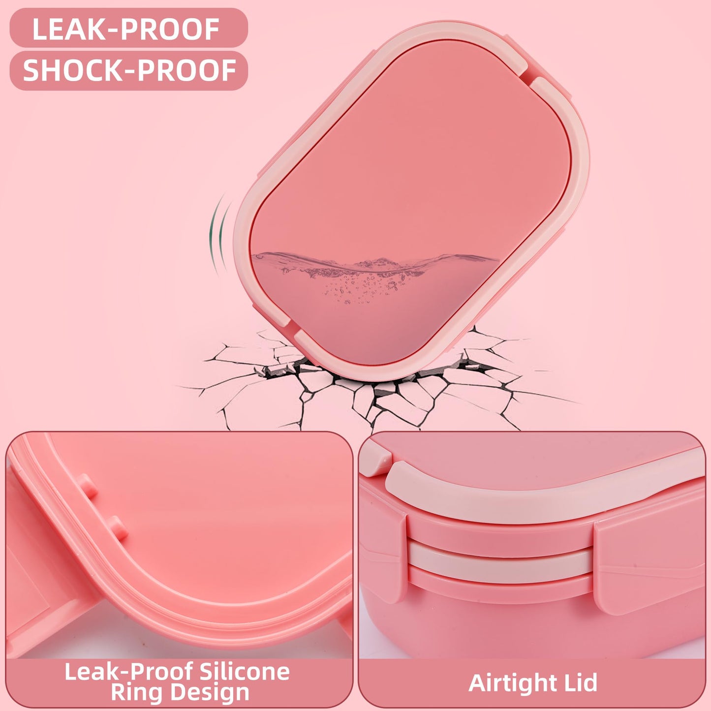 Itopor Leakproof Bento Box Adult Lunch Box with Hidden Handle, BPA-Free 5-Compartment Lunch Containers for Adults with Snack Tray & Utensils, Microwave & Dishwasher Safe, 5 Cup Pink
