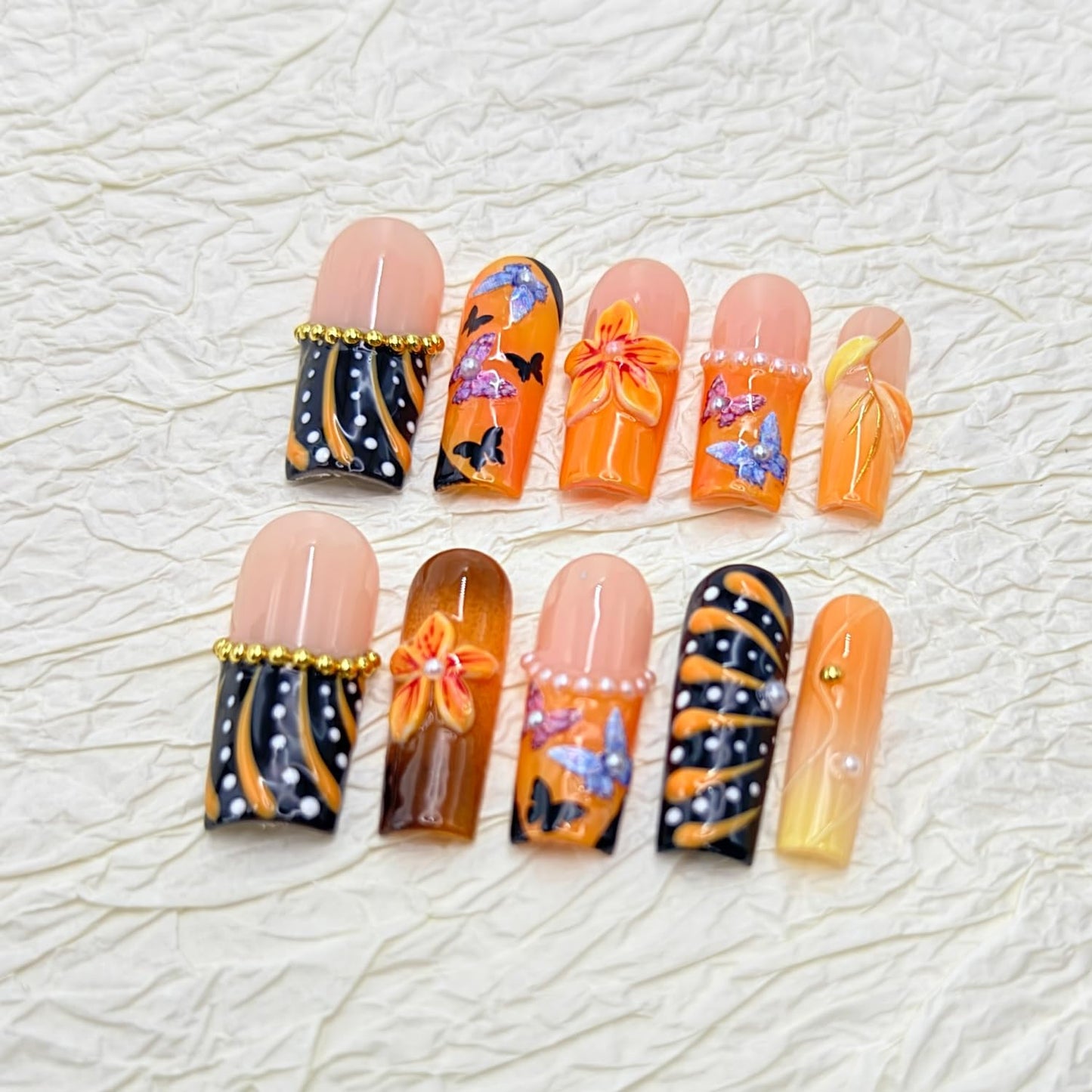 Handmade Nails French Press on Nails Long Square Fake Nails with Glue,Glitter Butterfly False Nails with 3D Flower Designs Orange Thick Nails Reusable Nature Stick on Nail for Wome (Size S)