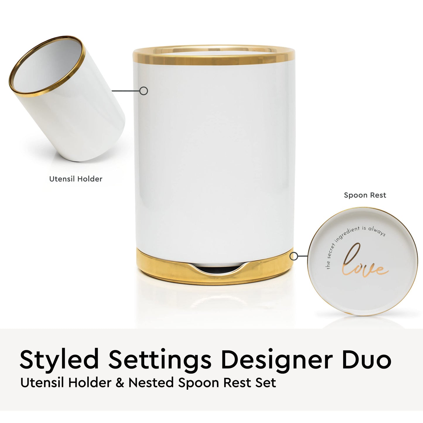White Utensil Holder with Built-In Ceramic Spoon Rest - 2-Piece Luxe White and Gold Spatula Holder with Gold Spoon Rest for Countertop Organization - Stylish Kitchen Accessory, Utensils Not Included