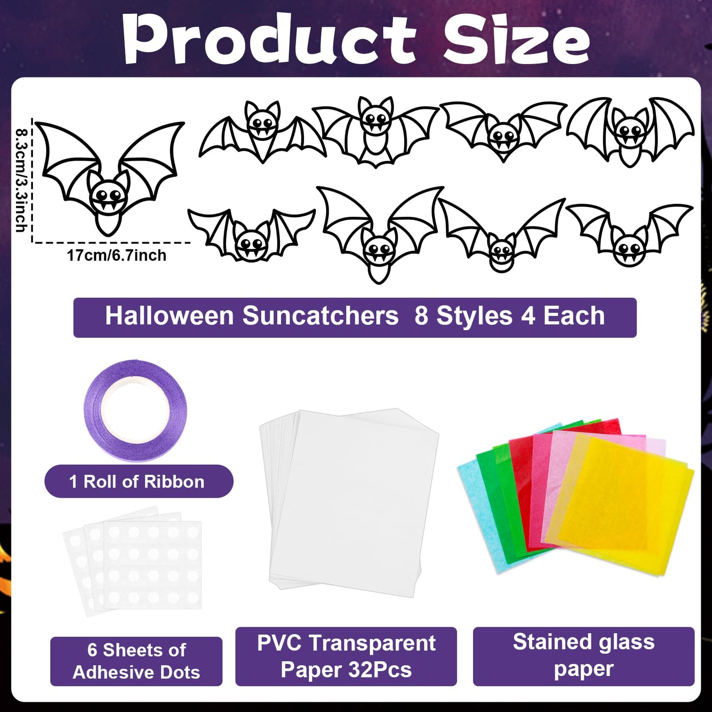 QOUBAI 32 Sets Halloween Bats Suncatchers Craft Kit DIY Window Stained Glass Effect Halloween Bats Paper Crafts Home School Classroom Decoration Kid Birthday Gift Creative Art Project Activity Game