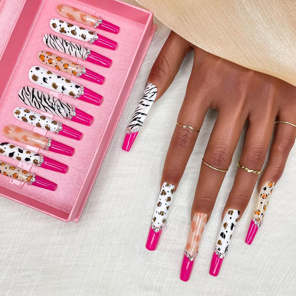 GGddsha 2025 100% Handmade Nails Long and Reusable PMMA Acrylic Press on Nails With Rhinestone Zebra French Design Reusable Full Coverage Fake Nails Handmade Nails Ladies Fake Nail Set (Zebra, M)