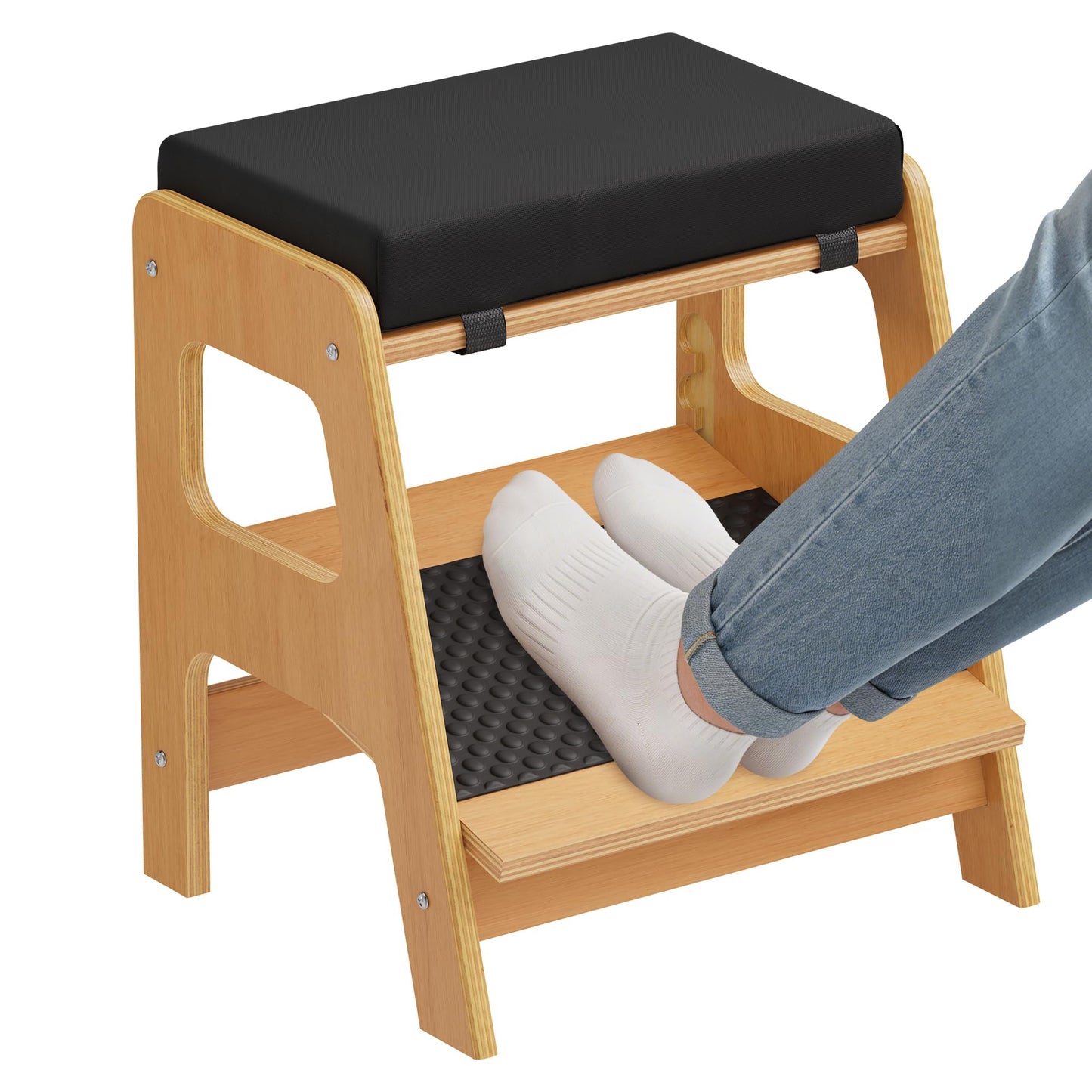 WWMFS Adjustable Wooden Foot Rest, Double Step Footstool with 3 Height Levels, Cushioned Top & Non-Slip Base, Ergonomic Under Desk Leg Rest for Office Home
