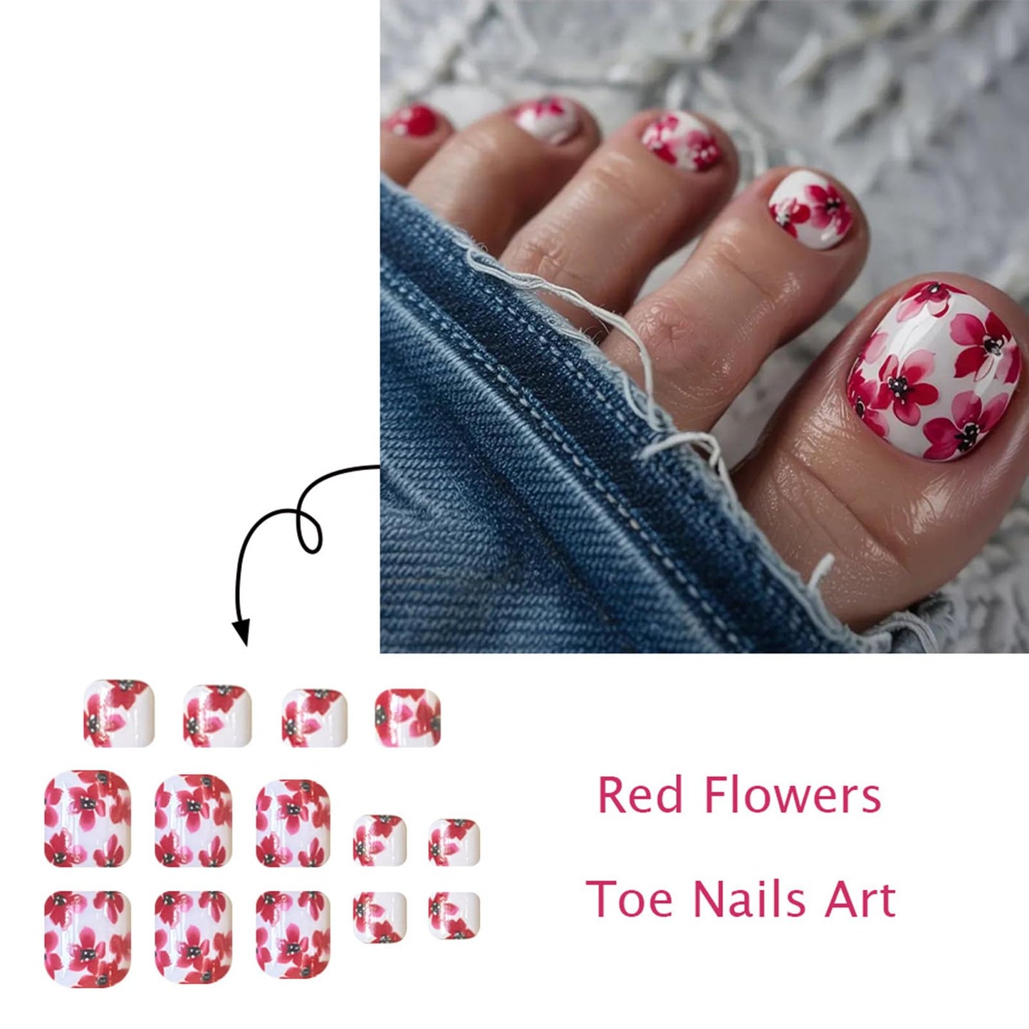 Red Flower Press on Toenails Short Square Fake Toe Nails Spring Summer Toe Nail Press ons Acrylic False Toenails Glossy Full Cover Stick on Toes for Women Manicure 24Pcs