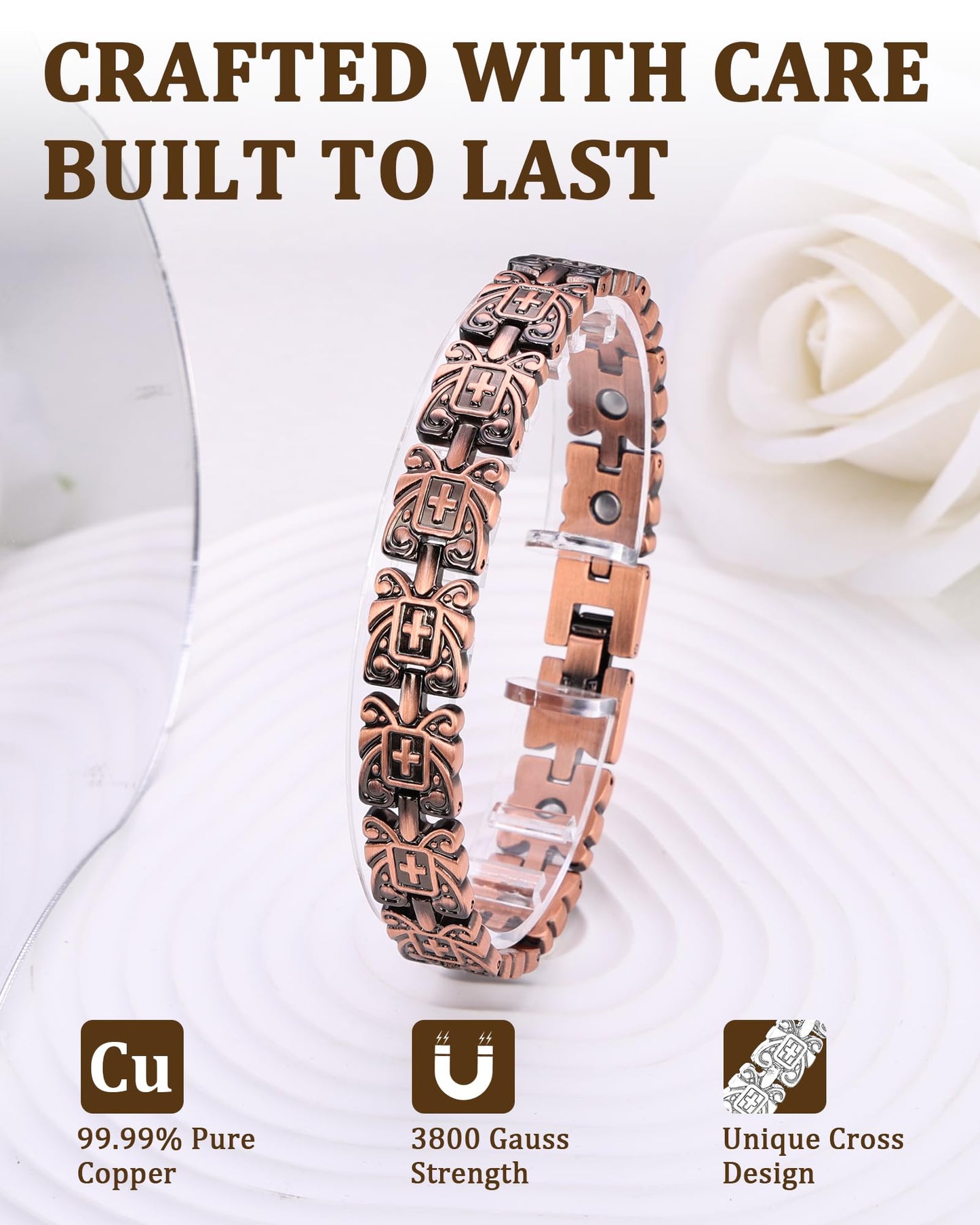Fashtour Copper Cross Magnetic Bracelet for Women, 99.99% Pure Copper Bracelet, Cross Design, Adjustable (copper597)