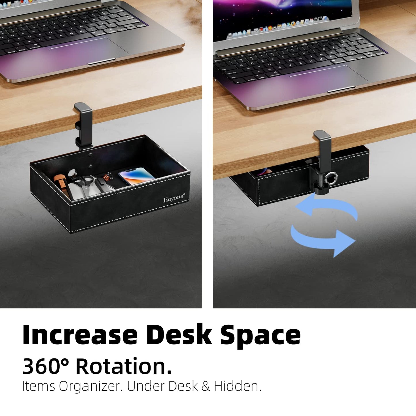 Euyona PU Leather Under Desk Organizer with 360° Rotating Clamp – for Computer Accessories, Stationery, Remote Control & Phone Storage, Black