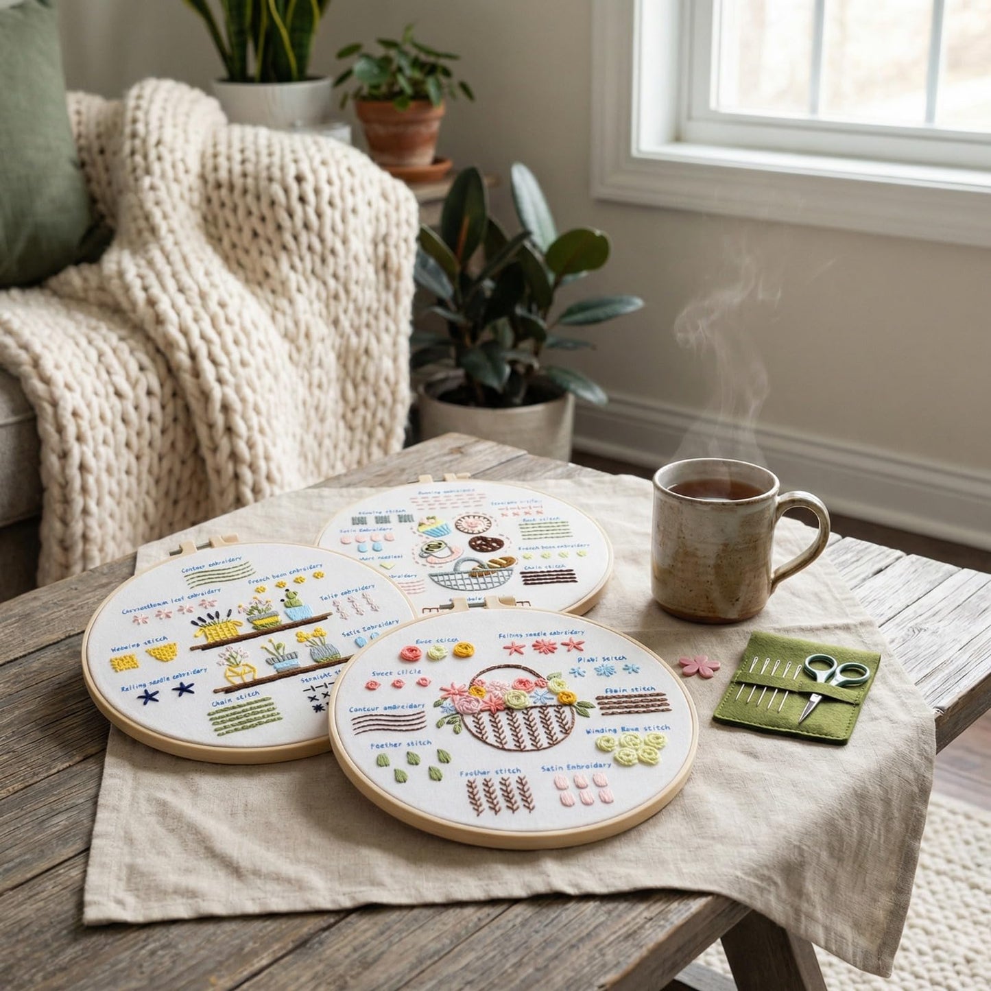 QIZUOLIFE 3 Pack Embroidery Kit for Adults Beginners, Pre‑Stamped Potted Plant Flower Basket Needlepoint Set, DIY Needlework Supplies with Step‑by‑Step Video Tutorials, Handmade Craft Gift Home Decor