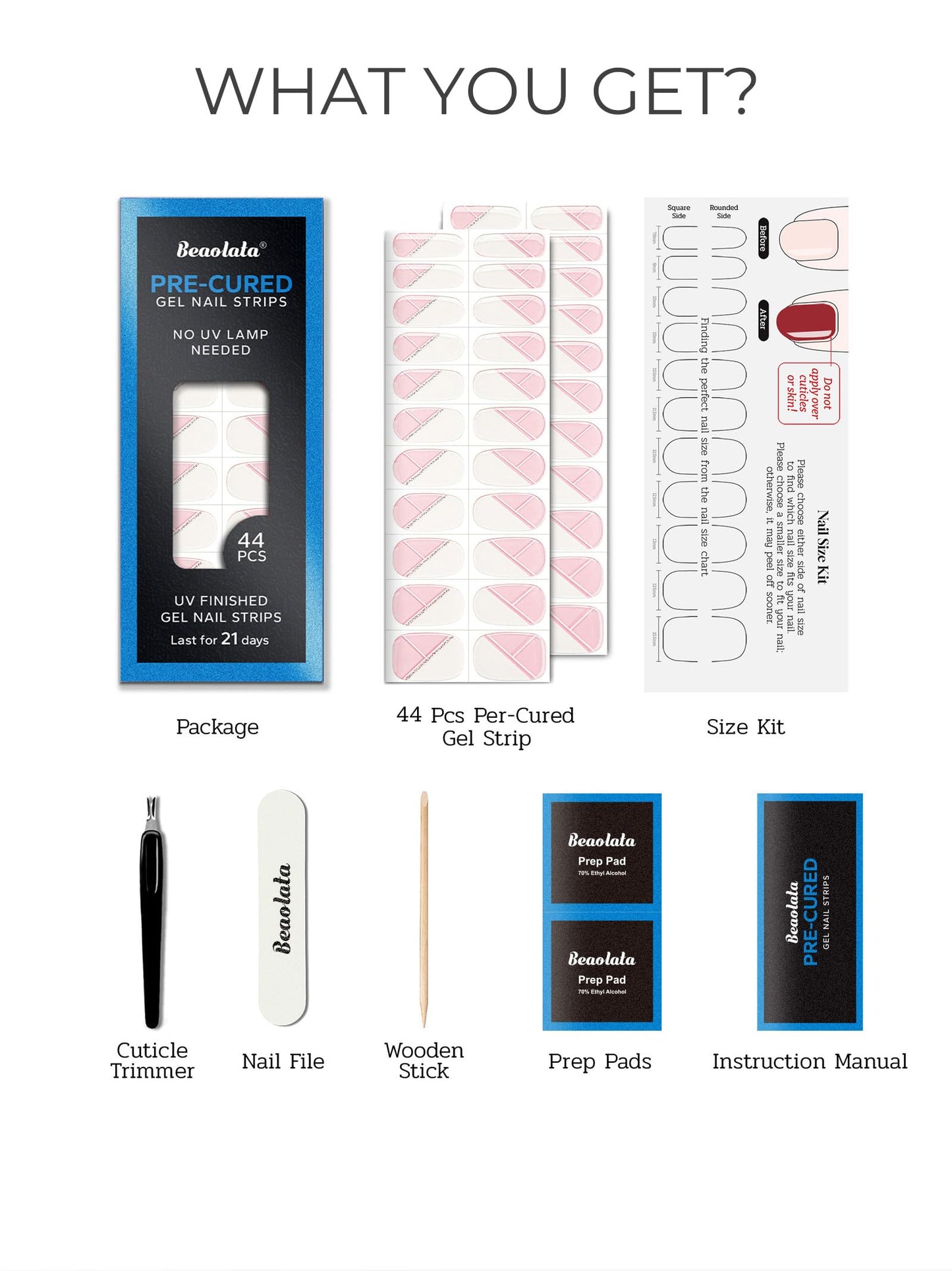 Beaolata Real Gel Nail Strips (No UV Light Needed) - 44Pcs Salon Quality Nail Stickers - Long Lasting Polish Wraps for Women, Easy Apply & Remove (Minimalist Dawn)