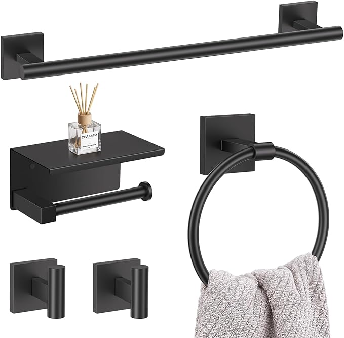 5-Piece Black Bathroom Hardware Set, SUS304 Stainless Steel Bathroom Accessories Set 23.6 inches Towel Bar, Toilet Paper Holder with Shelf, Towel Ring and Two Towel Hooks Wall-Mounted