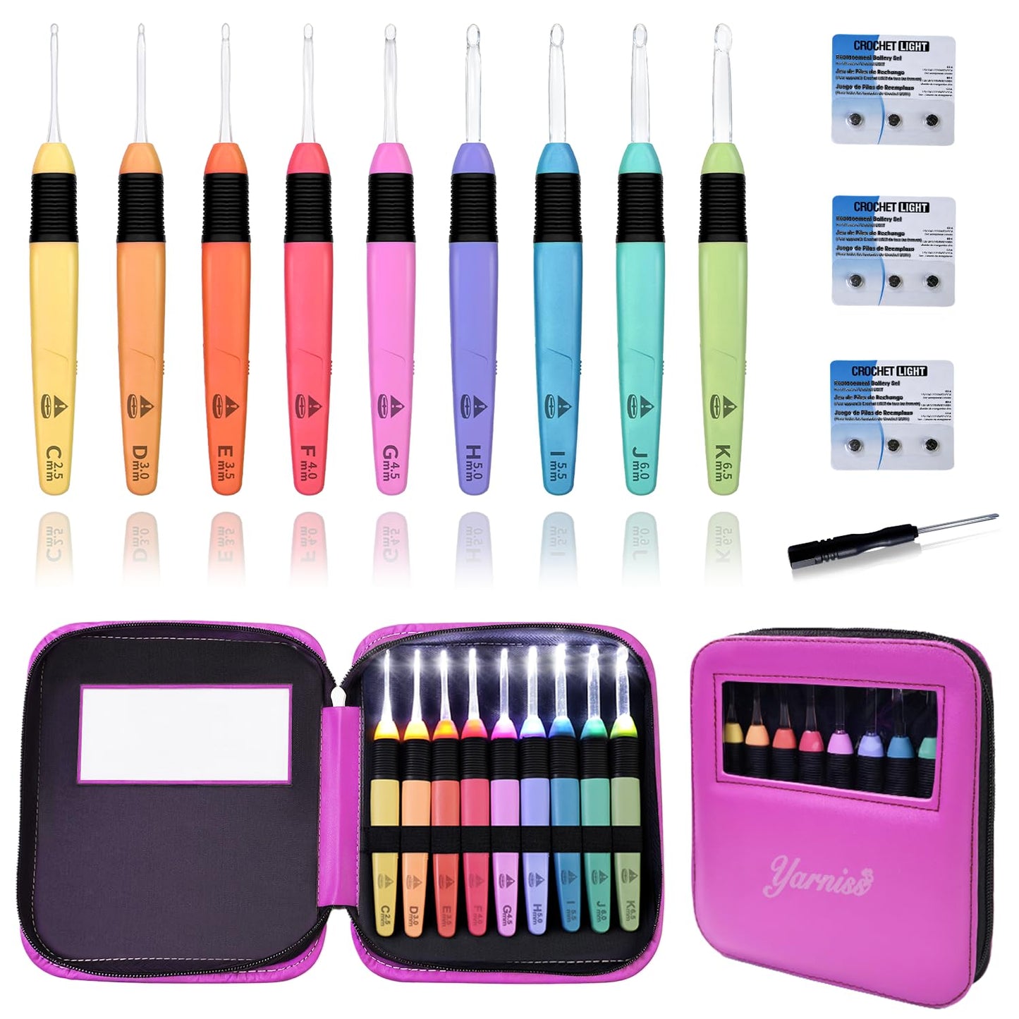 Yarniss Led Light Crochet Hooks Set with Case,9 Size Light Up Crochet Hooks 2.5mm~6.5mm Include Battery，Ergonomic Glow in Dark Handles