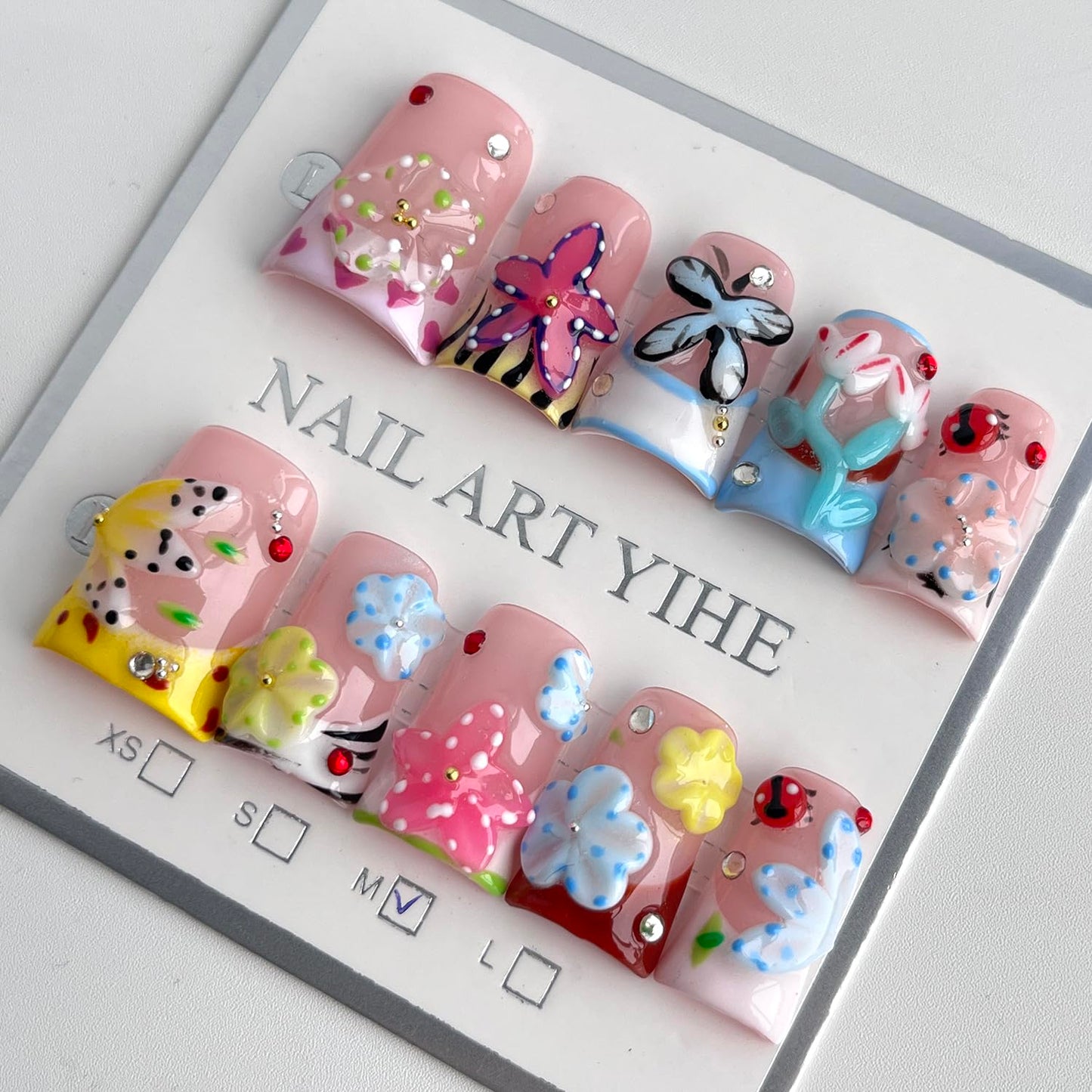 French Tip Press on Nails Handmade Short Duck 3D Flower Thick Acrylic Nails Cute False Nails with Floral Ladybug Butterfly Designs Glossy Fake Nail Sturdy Art Spring Press on Nail 10Pcs(S)