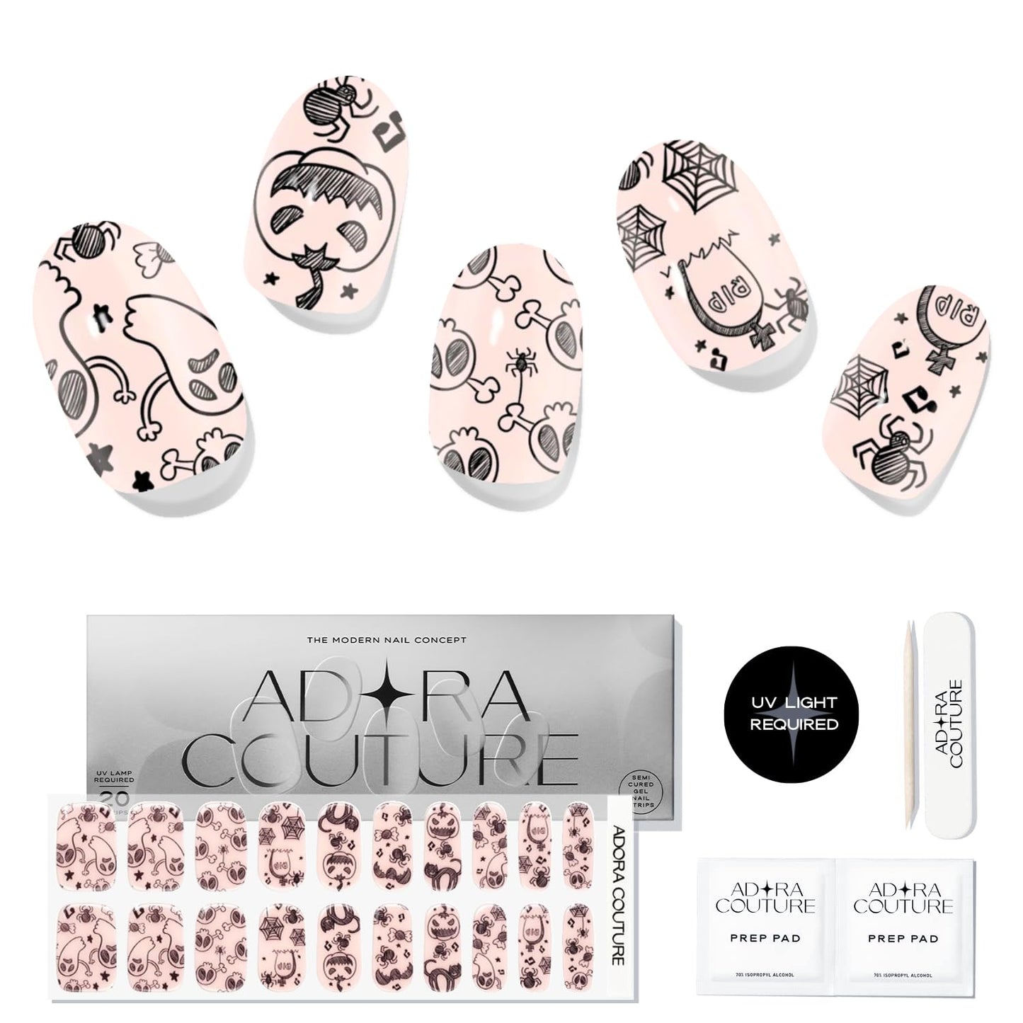 Adora Couture Semi Cured Gel Nail Strips with 20 Pieces - UV Gel Stickers, Manicure Kit, Easy Application Wraps Includes Prep Pads, Nail File, Wooden Stick - UV Light Required (Spooky Sketches)