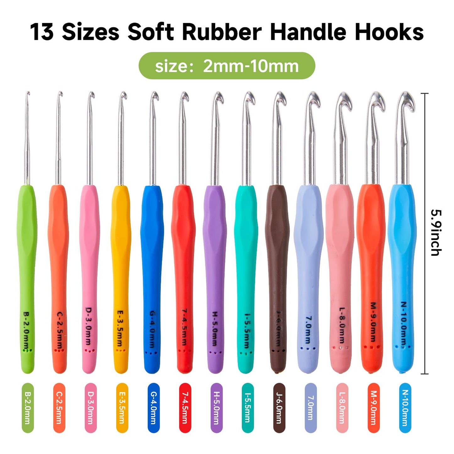 INSCRAFT 67 Pack Crochet Hooks Set, 13 PCS 2mm(B)-10mm(N) Ergonomic Soft Grip Crochet Handles Yarn Knitting Needles Kit with Case for Arthritic Hand, Crochet Starter Kit for Beginners and Lovers