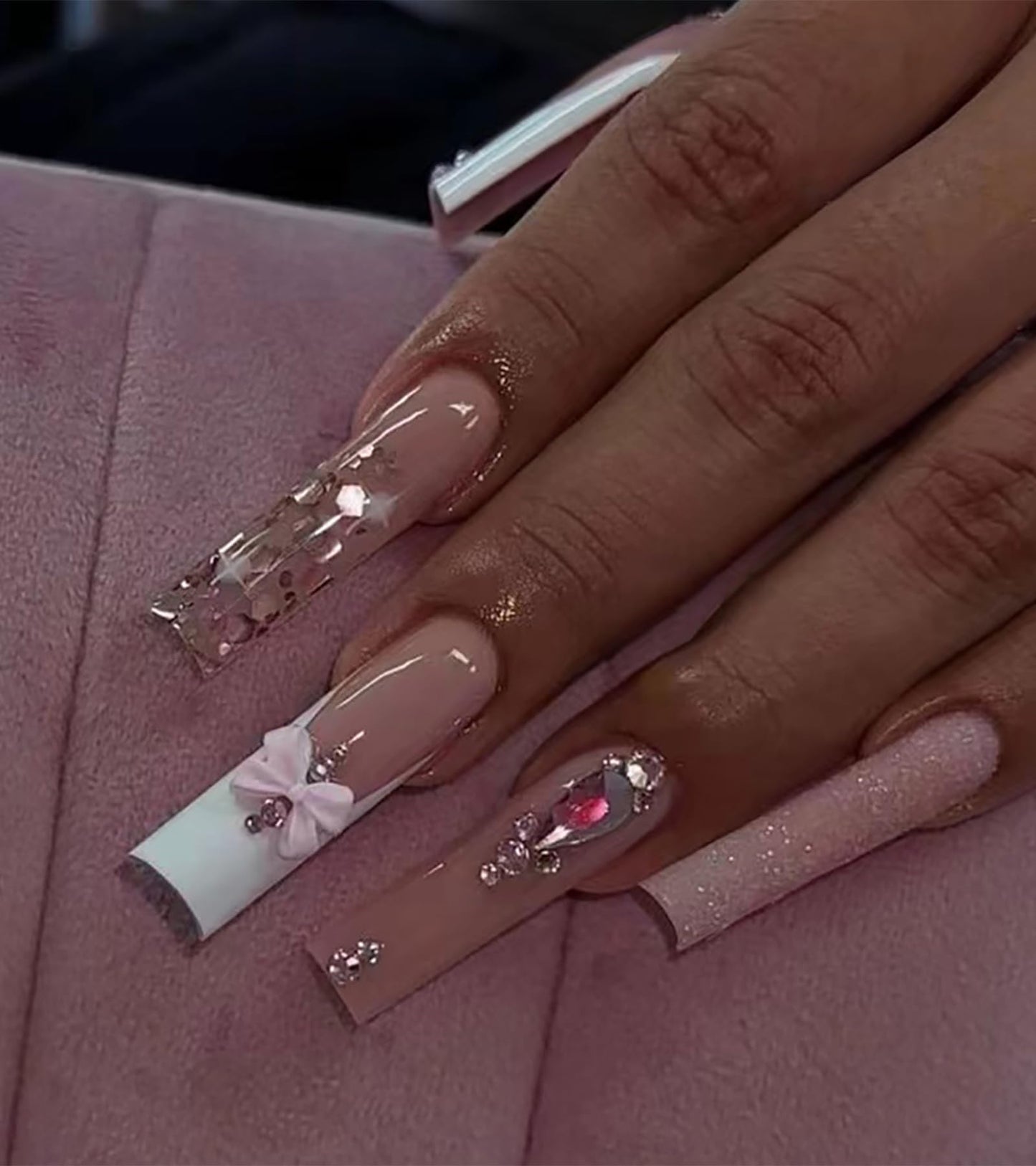 Press on Nails Extra Long - Aegenacess Square Press On Nails with 3D Bow and Rhinestones, Nude White Fake Nails with Glue Sticker, Handmade 24 pcs Stick On Nails False Nail in 12 Sizes