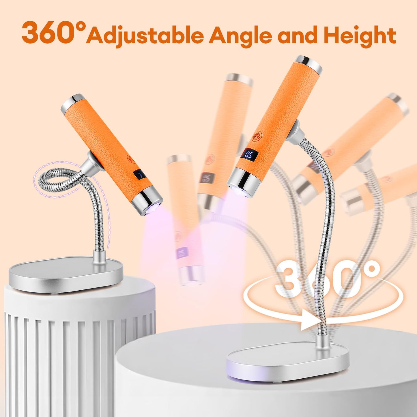LIARTY UV Nail Lamp Cordless: Mini Rechargeable Auto Sensor LCD Display 2 Timers - Gooseneck Flash Curing Light Pen for Gel Nails Polish with Base (Orange)