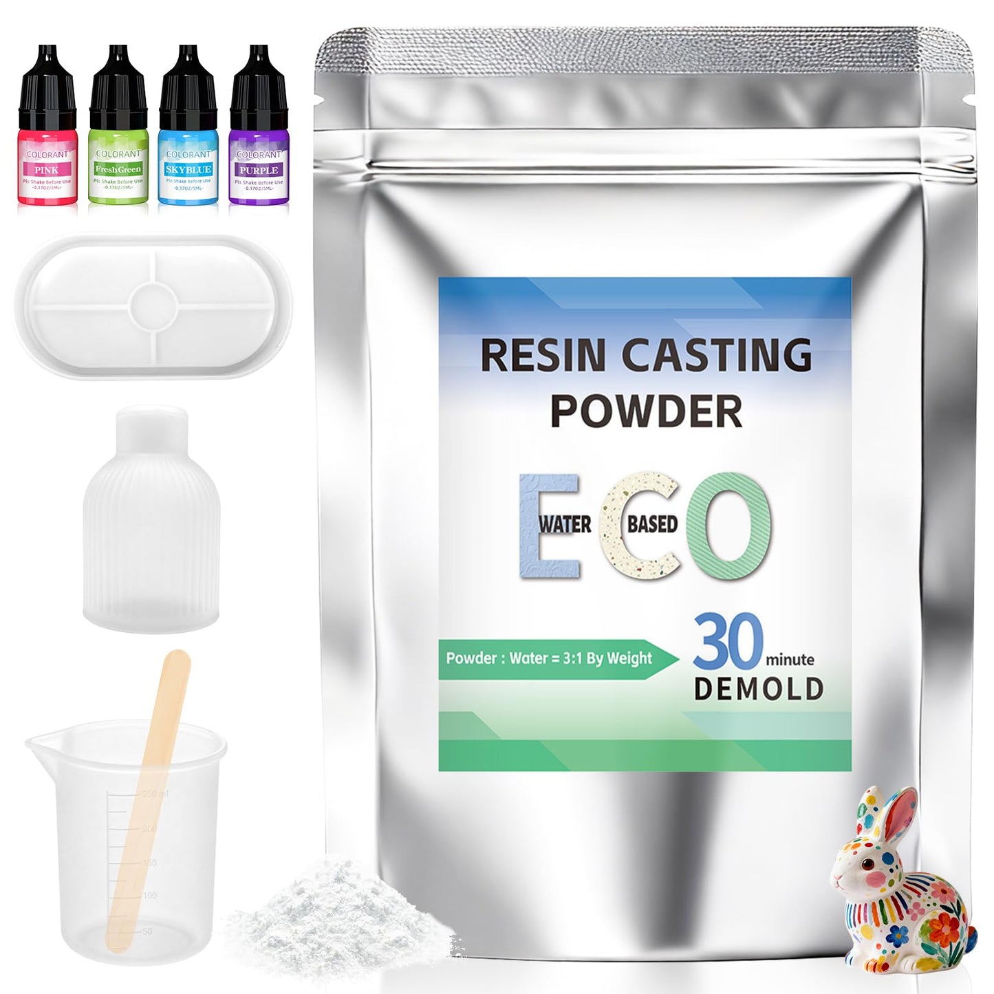 Resin Casting Powder, Water-Based Resin Powder Formula, Fast Cured Casting Resin Kit for Beginne with 4 Pcs Resin Pigment, Vase and Base Silicone Molds, Silicone Measuring Cup, Stirring Rod