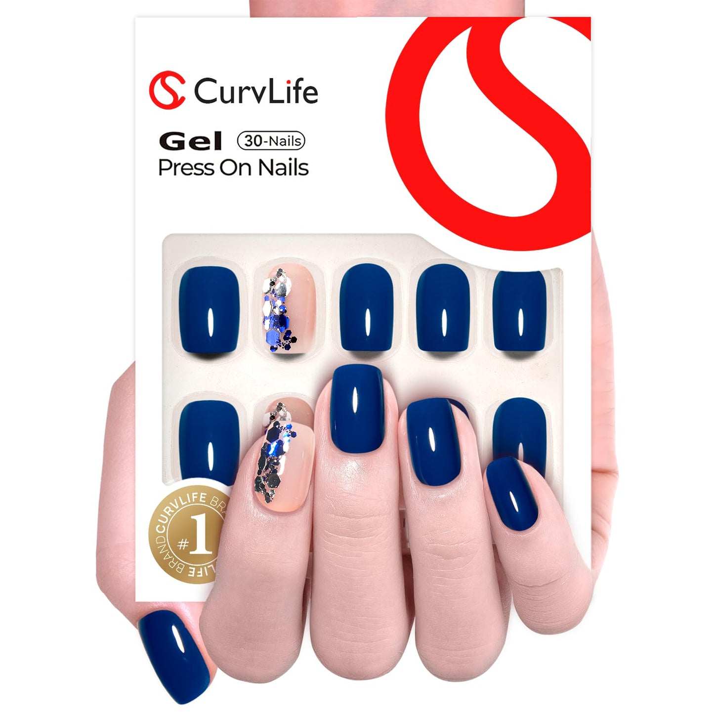 CurvLife Press On Nails Stick On Nails Deeping Blue Short Square Fake Nails Design Acrylic Nails Tips Glue On False Nails For Women