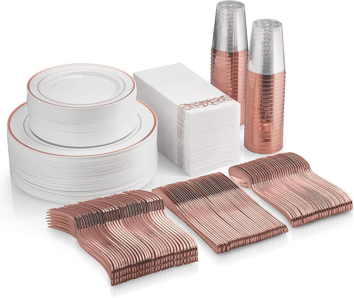Supernal 400pcs Rose Gold Dinnerware,Rose Gold Plastic Plates,Wedding Decoration,Heavy Duty Disaposable Silverware, Disaposable Rim Cups, Easter Paper Napkins,Suit for Wedding, Birthday,Party